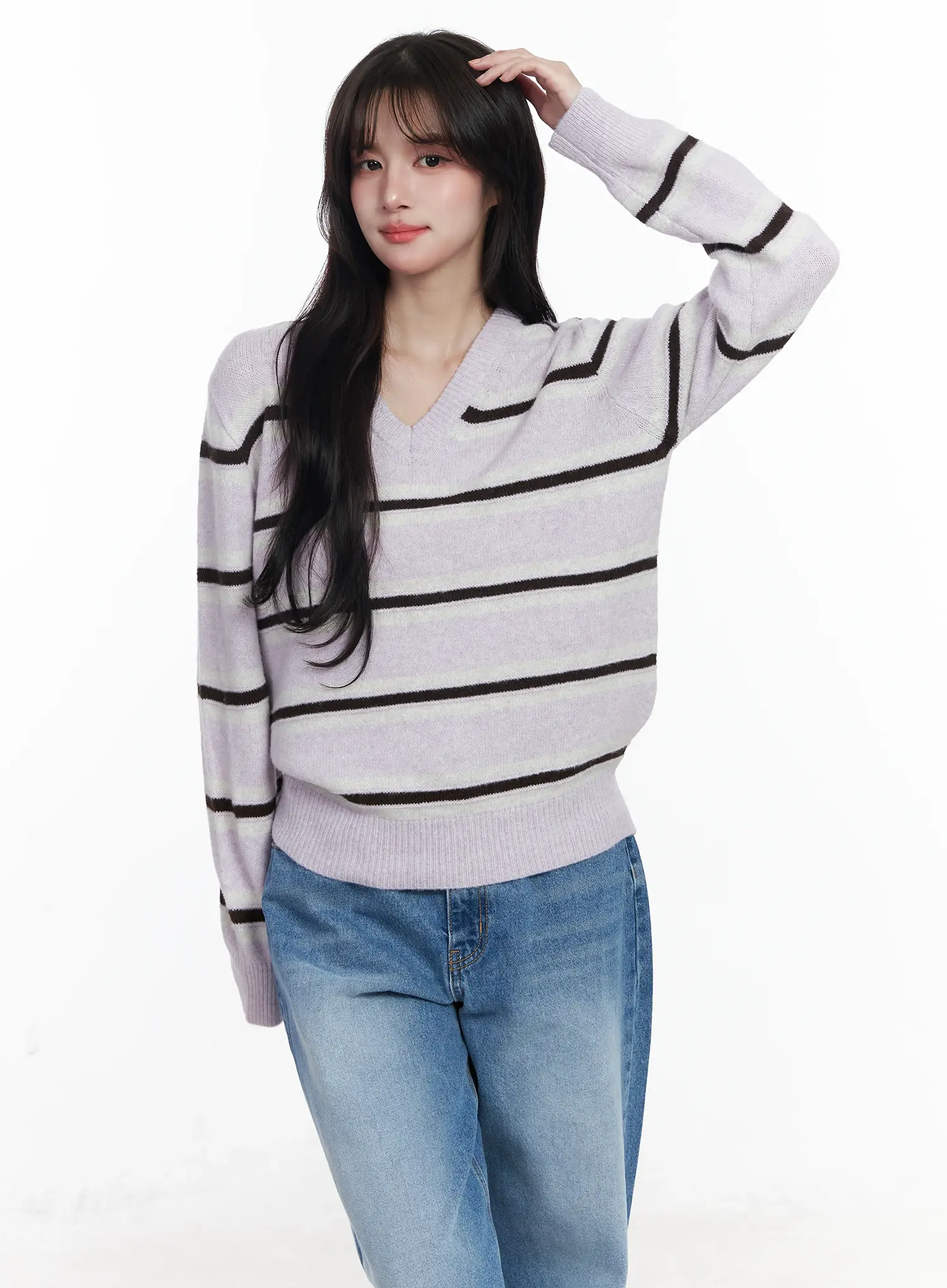 Striped V-Neck Knit Sweater IJ529 - Image 4