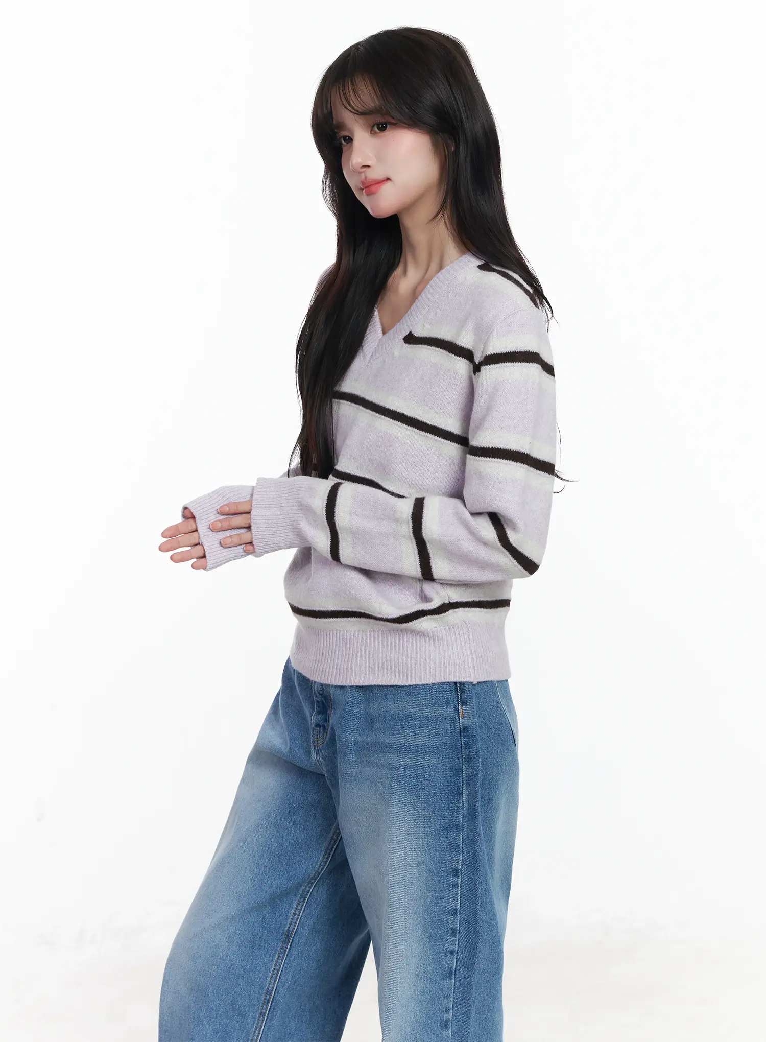 Striped V-Neck Knit Sweater IJ529 - Image 5