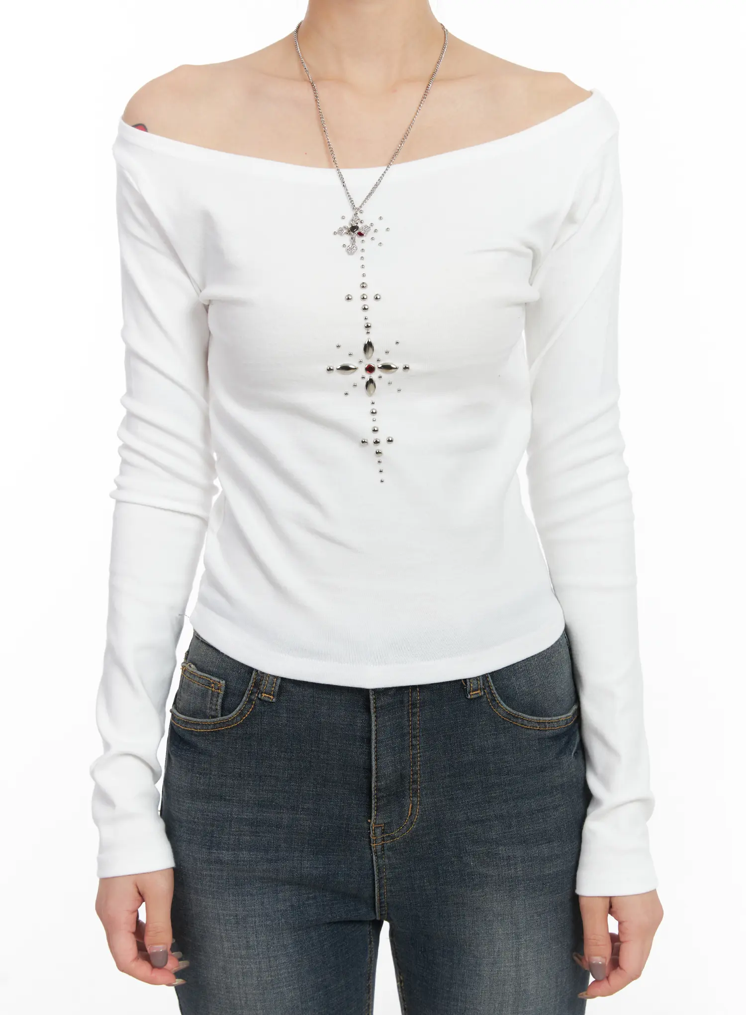 Studded Boat Neck Long Sleeve Top CD509 - Image 3