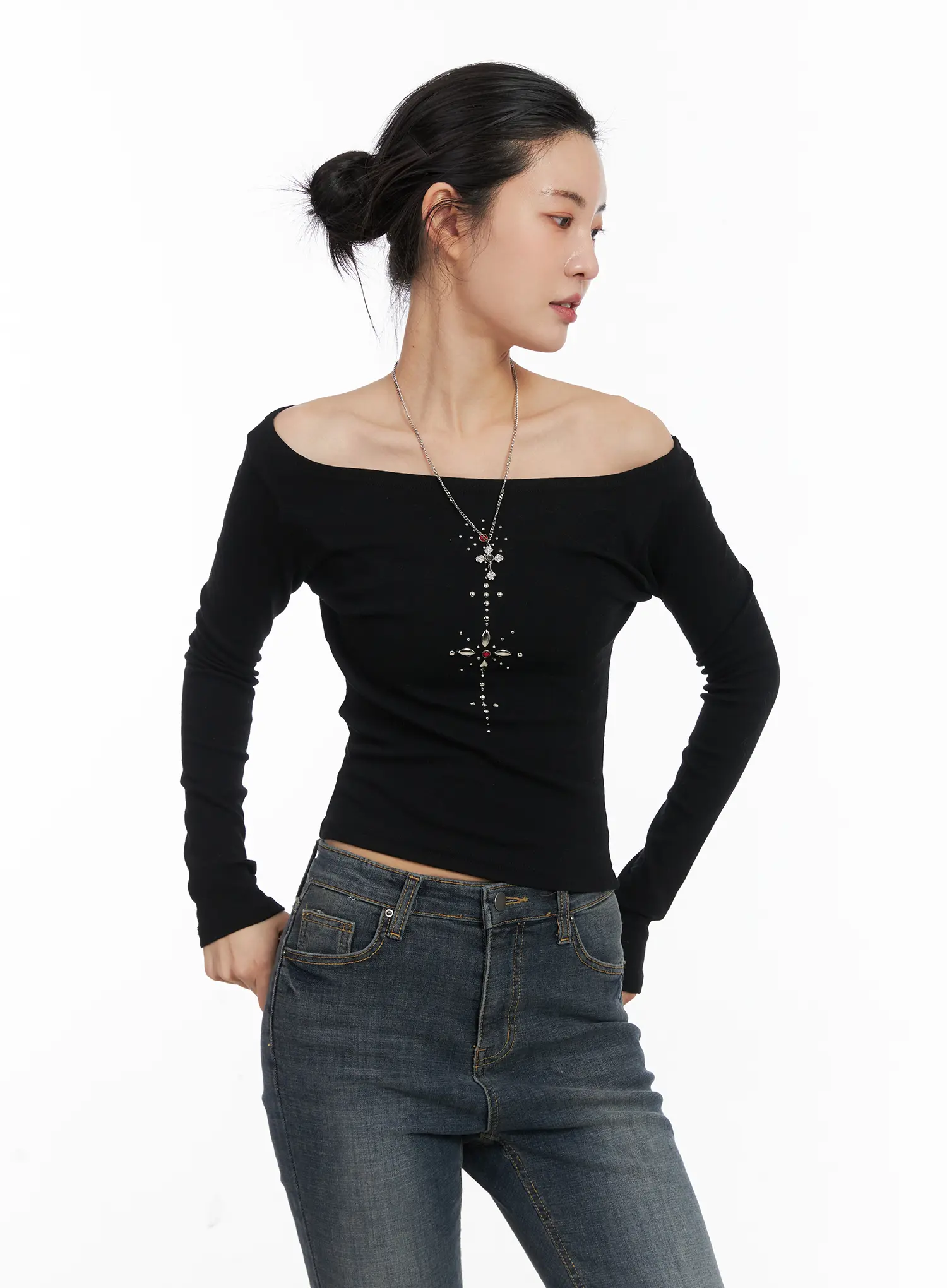 Studded Boat Neck Long Sleeve Top CD509 - Image 8