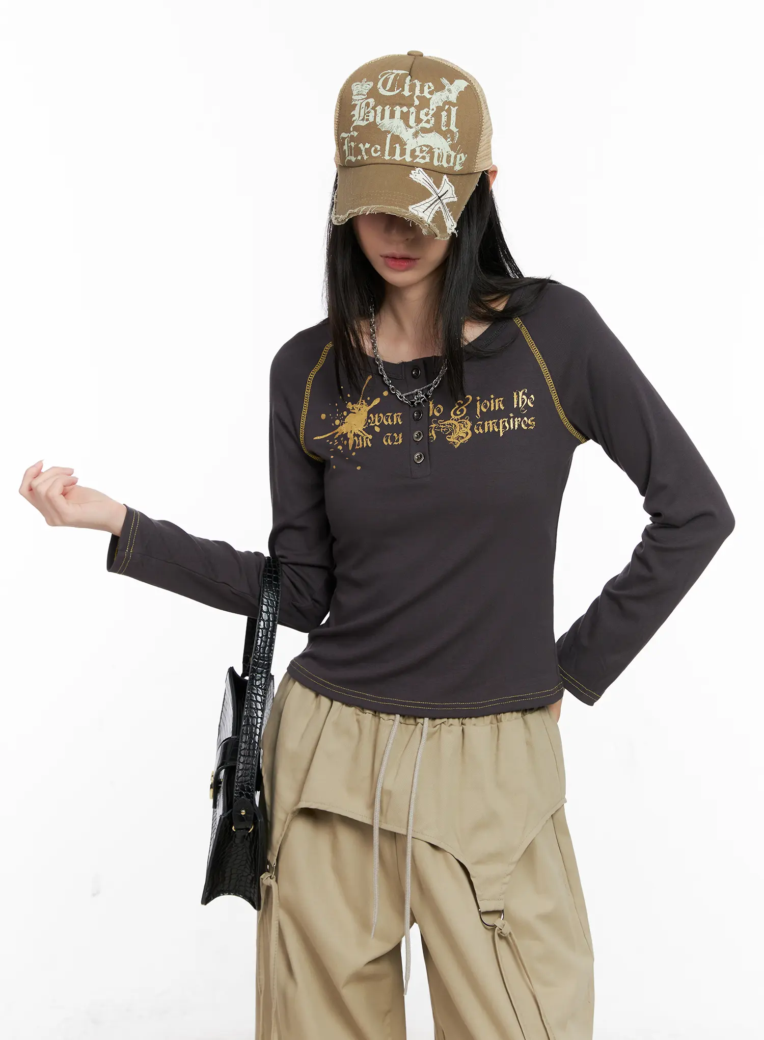 Tattoo Graphic U-Neck Long Sleeve Tee CG526 - Image 2