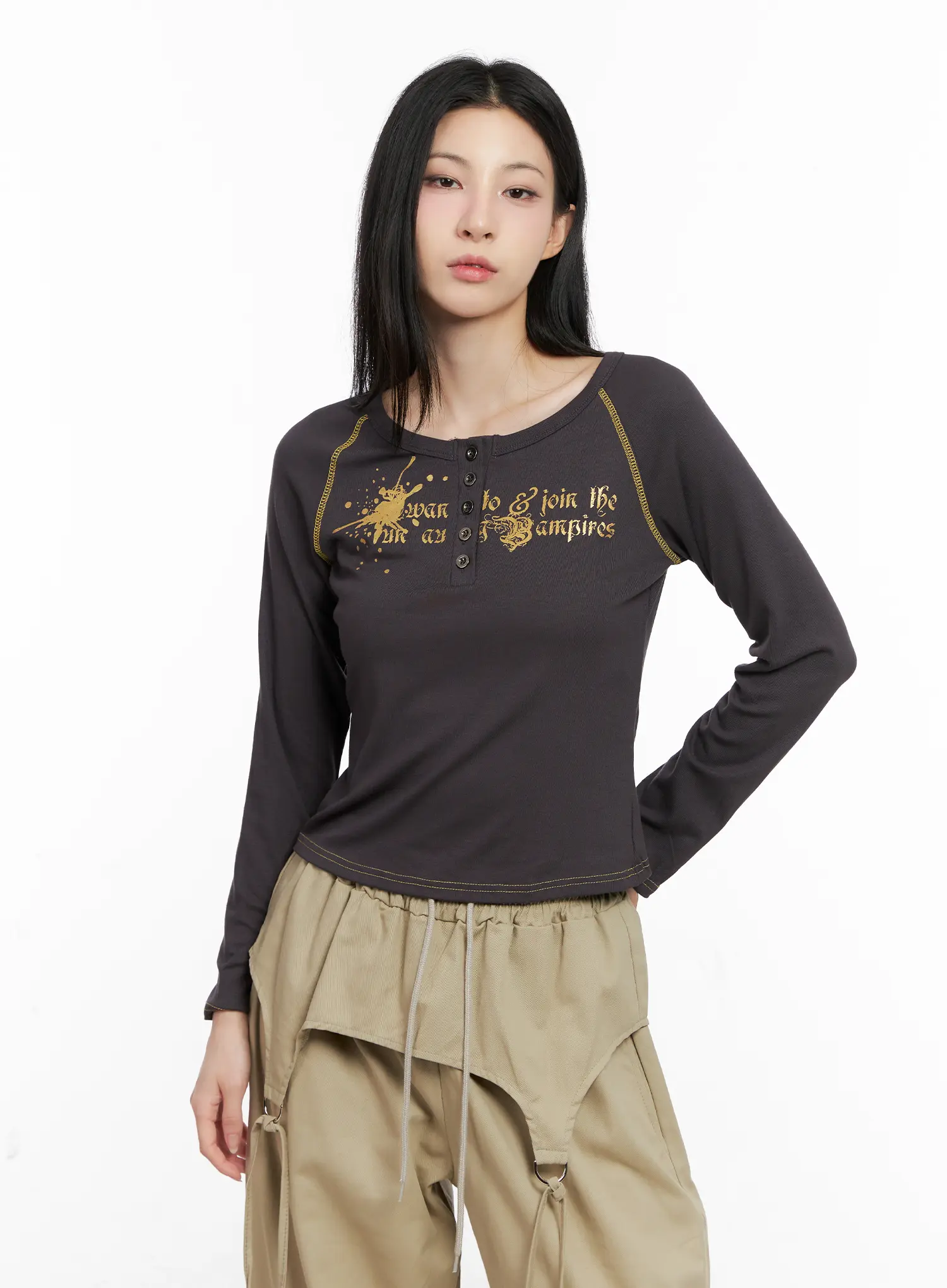 Tattoo Graphic U-Neck Long Sleeve Tee CG526 - Image 8