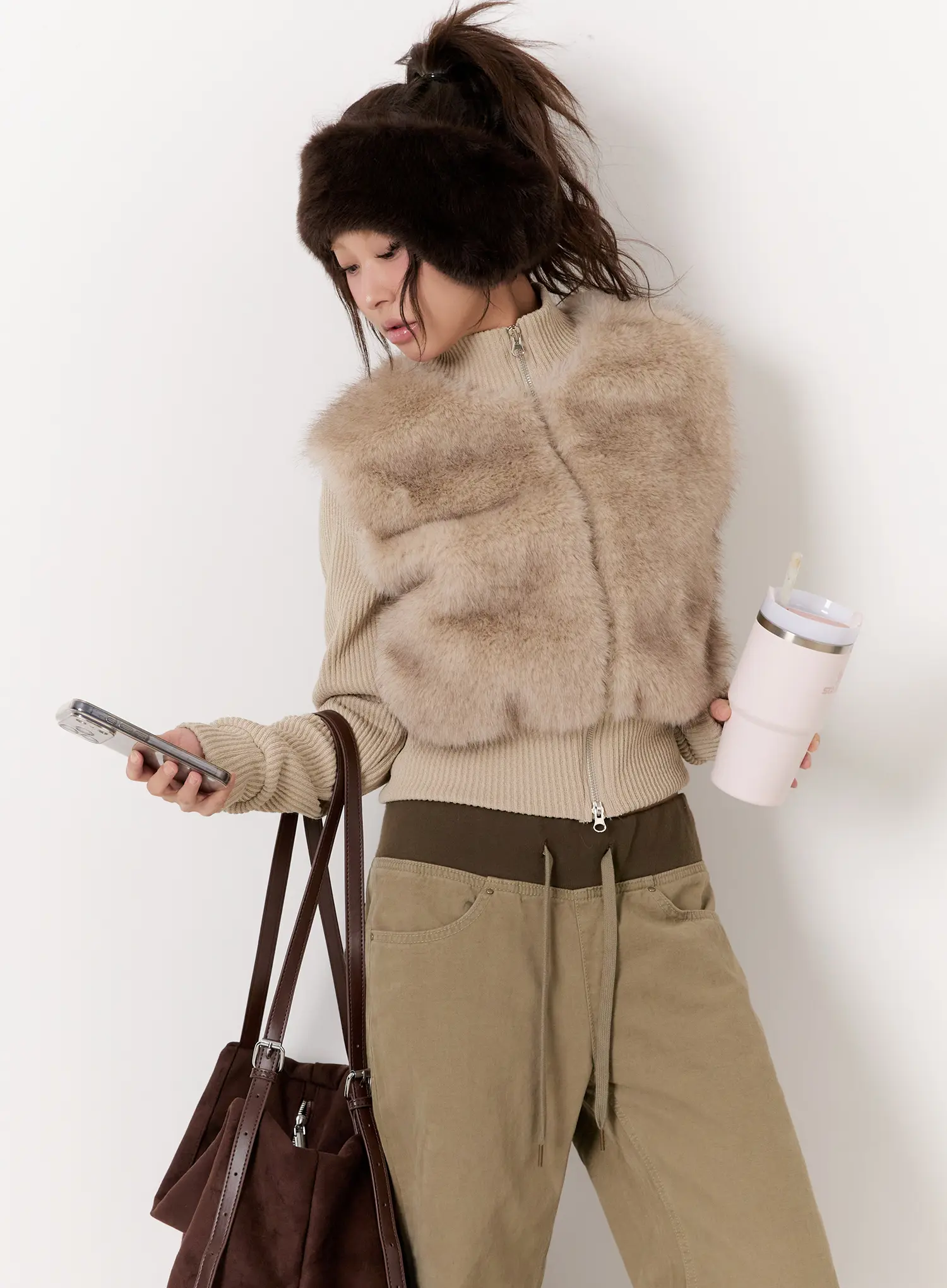 Textured Knit Faux Fur Jacket CN527