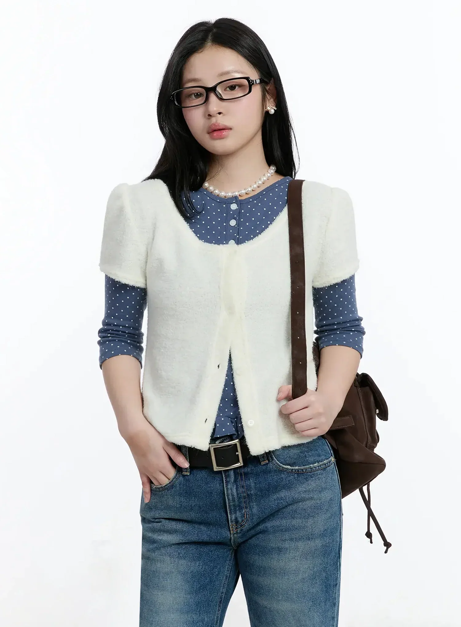 Textured Knit Shoulder Puff Short SleeveCardigan IM513