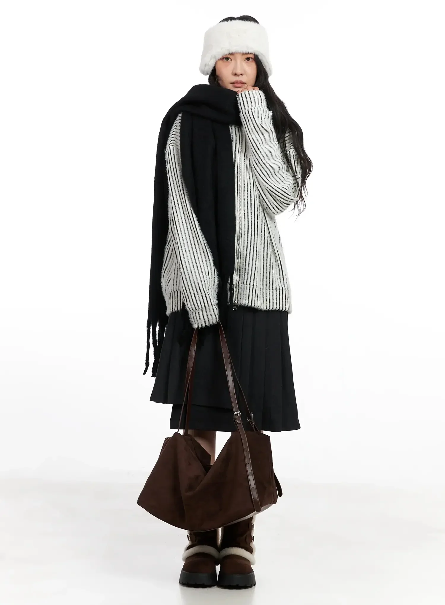 Textured Striped Zip-Up Sweater IN528
