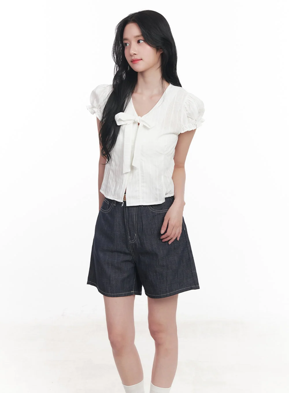 Tie Puff-Sleeve Crop Blouse Top CY526
