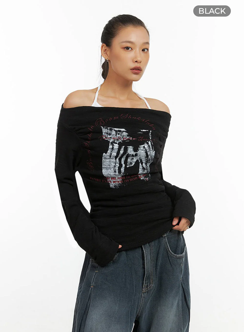 Trendy Off Shoulder Graphic Print Top IO409 - Image 17