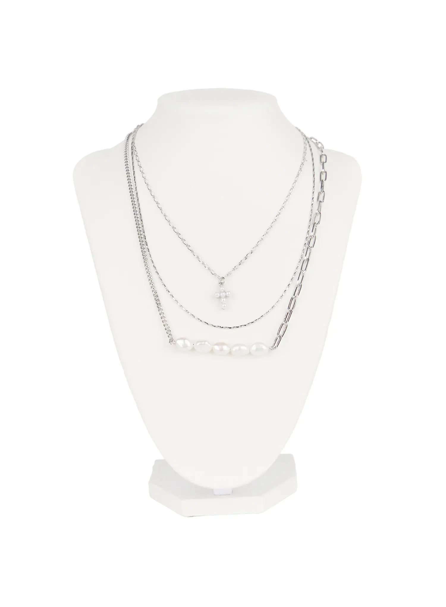 Triple Layer Faux Pearl Cross Necklace F502 - Image 3