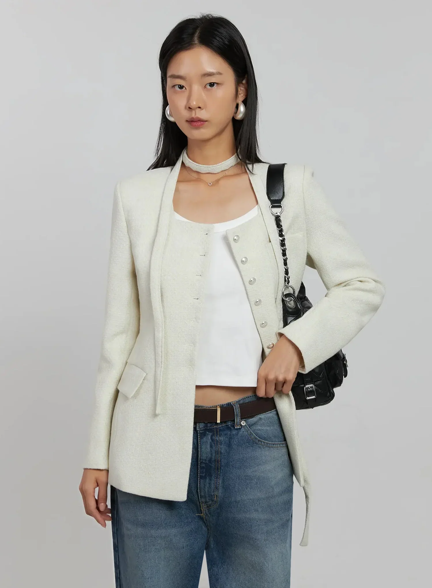 Tweed Square Neck Jacket Scarf Set IJ508