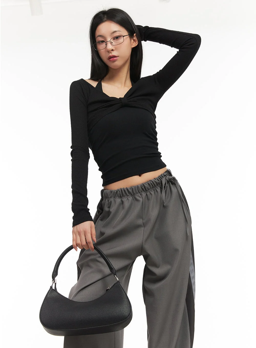 Twist Ribbon Long-Sleeve Crop Top CM503