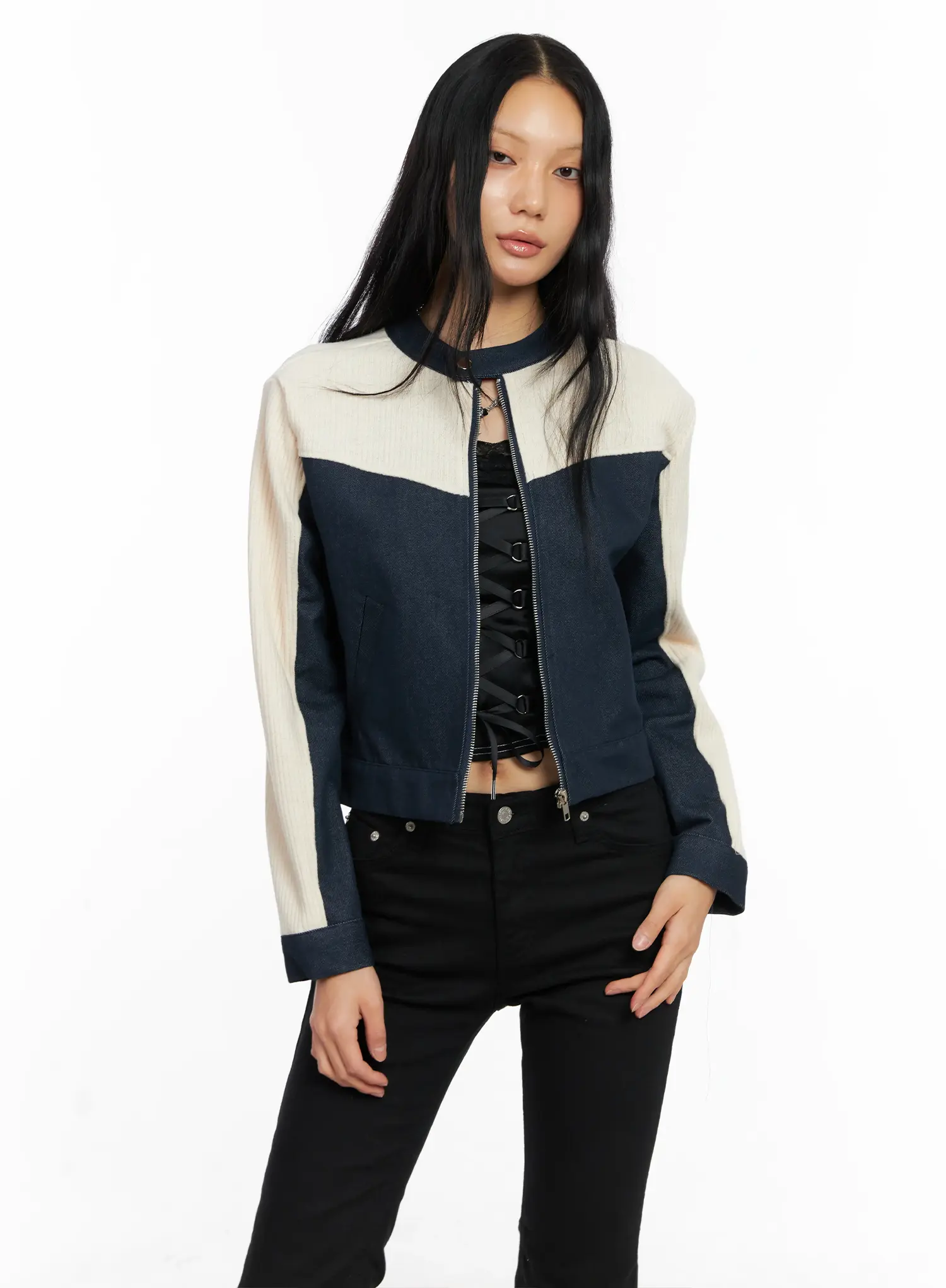Two-Tone Knit Biker Jacket CO528 - Image 4
