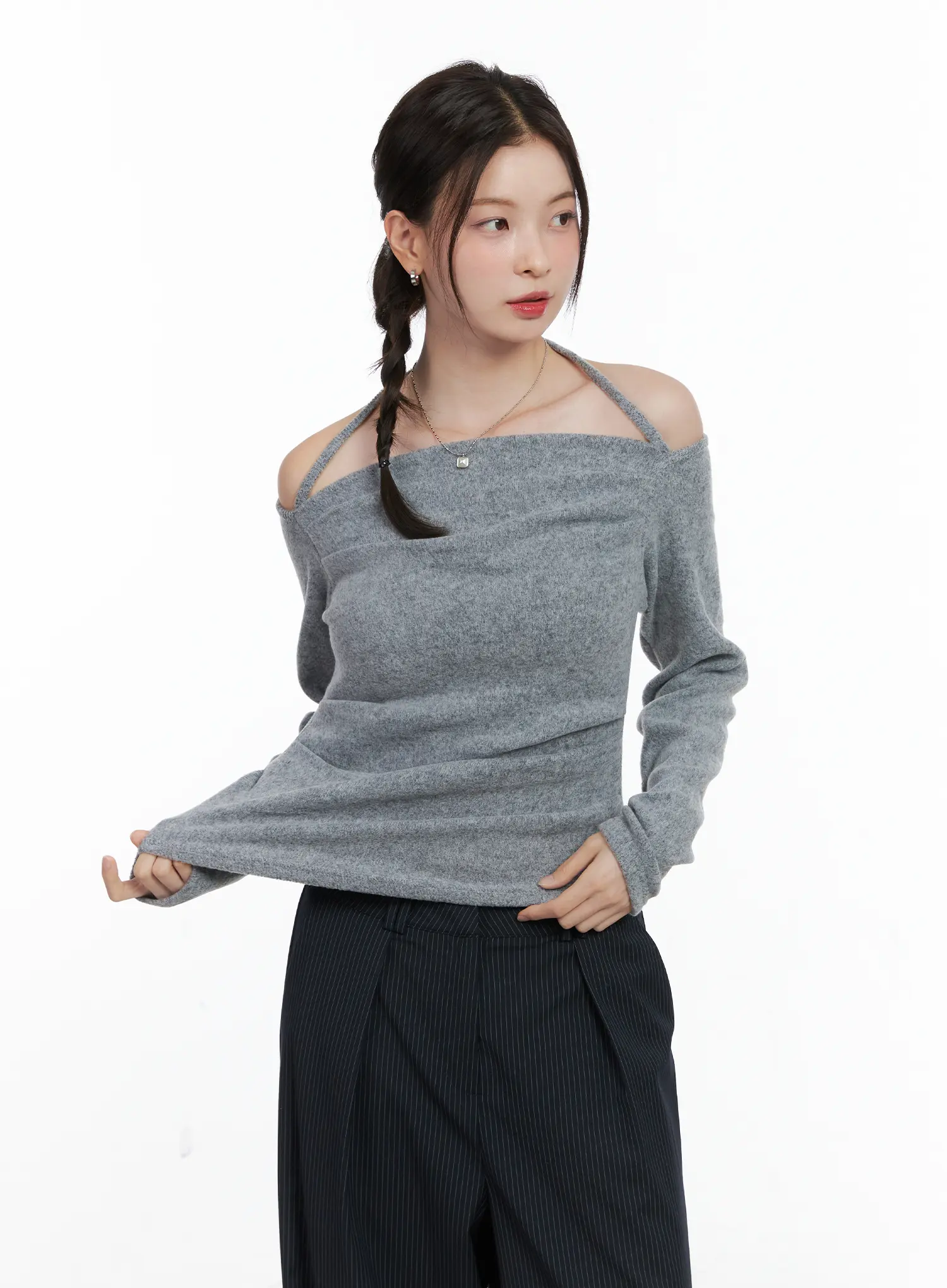 Two-Way Shirred Fleece Off-Shoulder Top CN518