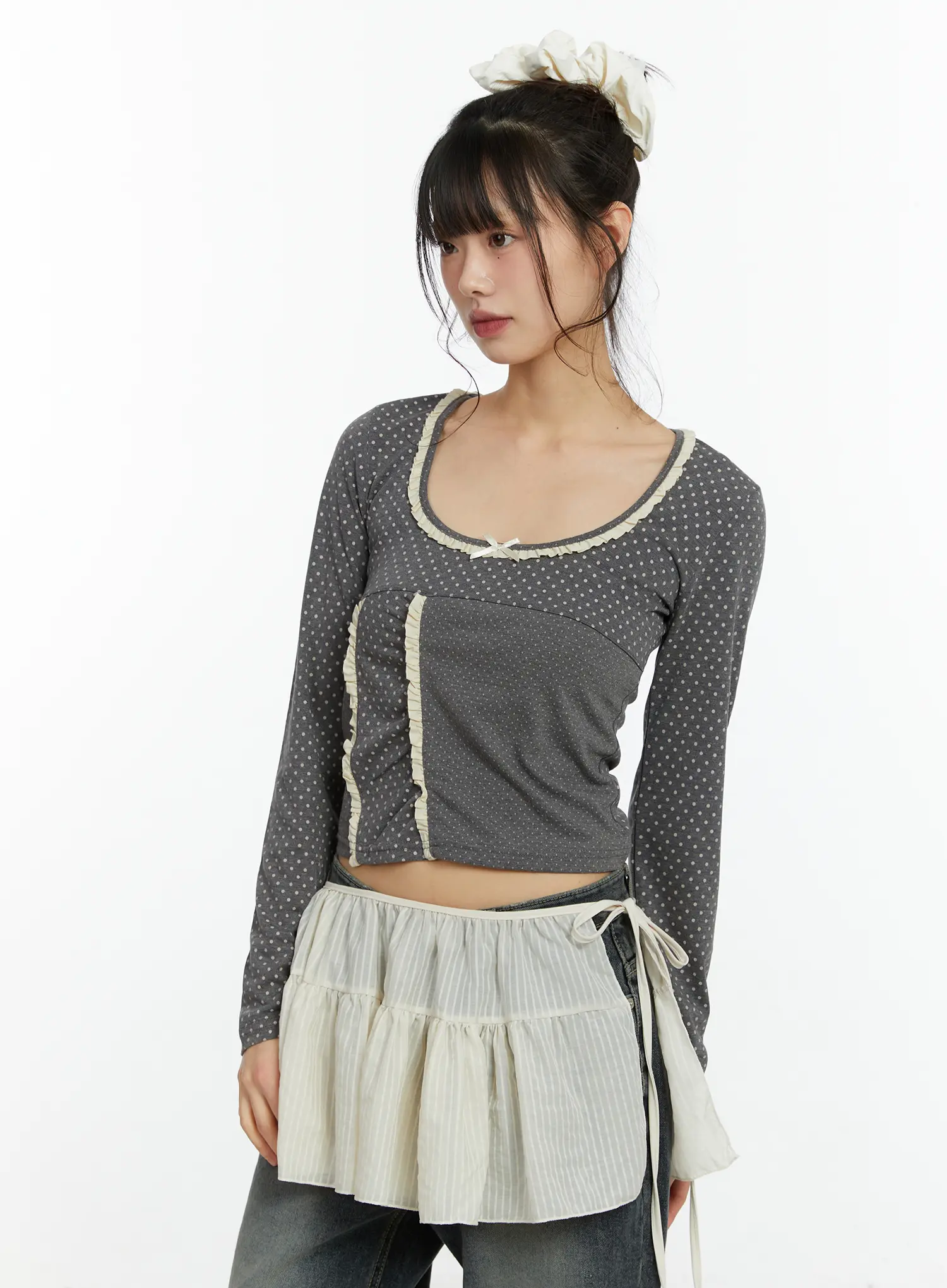 U-Neck Polka Dot Lace Long Sleeve Top CF509 - Image 10