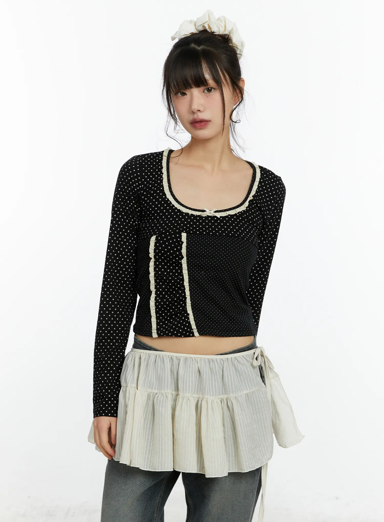 U-Neck Polka Dot Lace Long Sleeve Top CF509 - Image 11