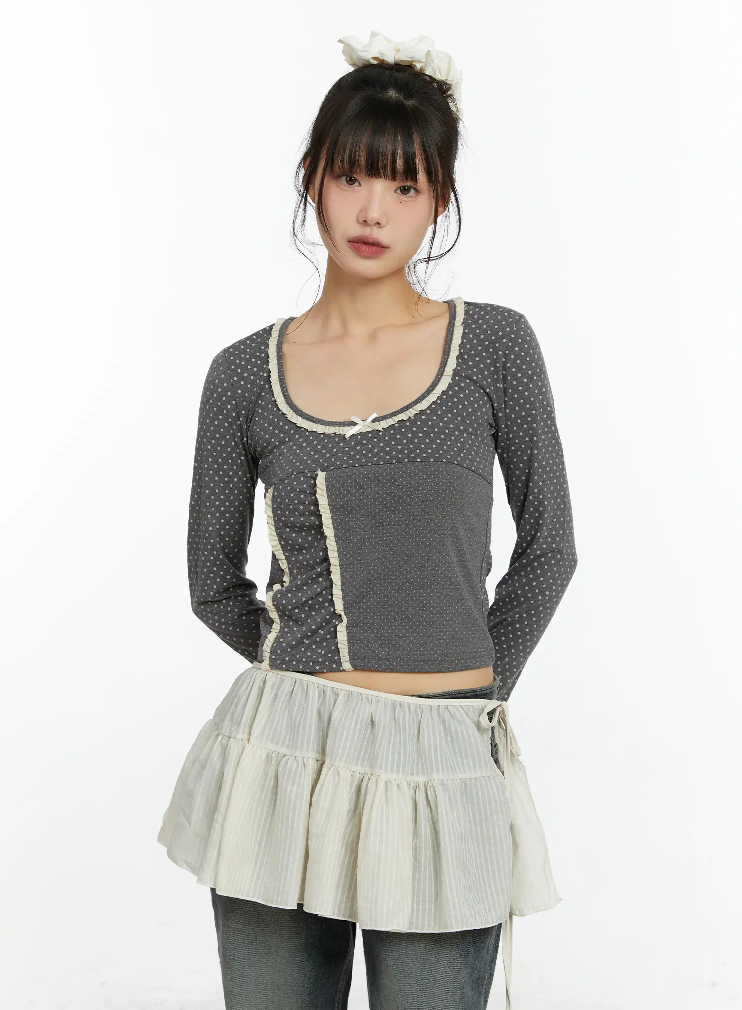 U-Neck Polka Dot Lace Long Sleeve Top CF509 - Image 2