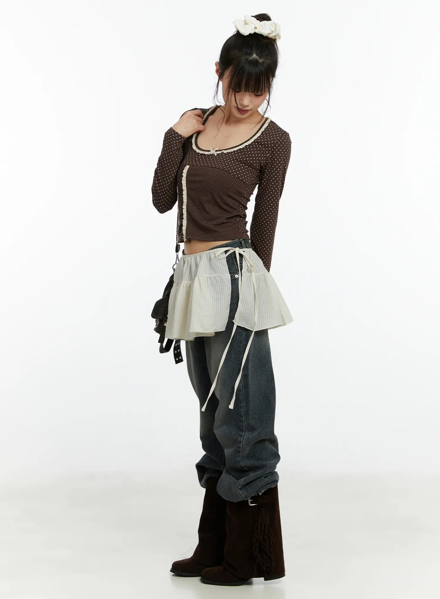 U-Neck Polka Dot Lace Long Sleeve Top CF509 - Image 3