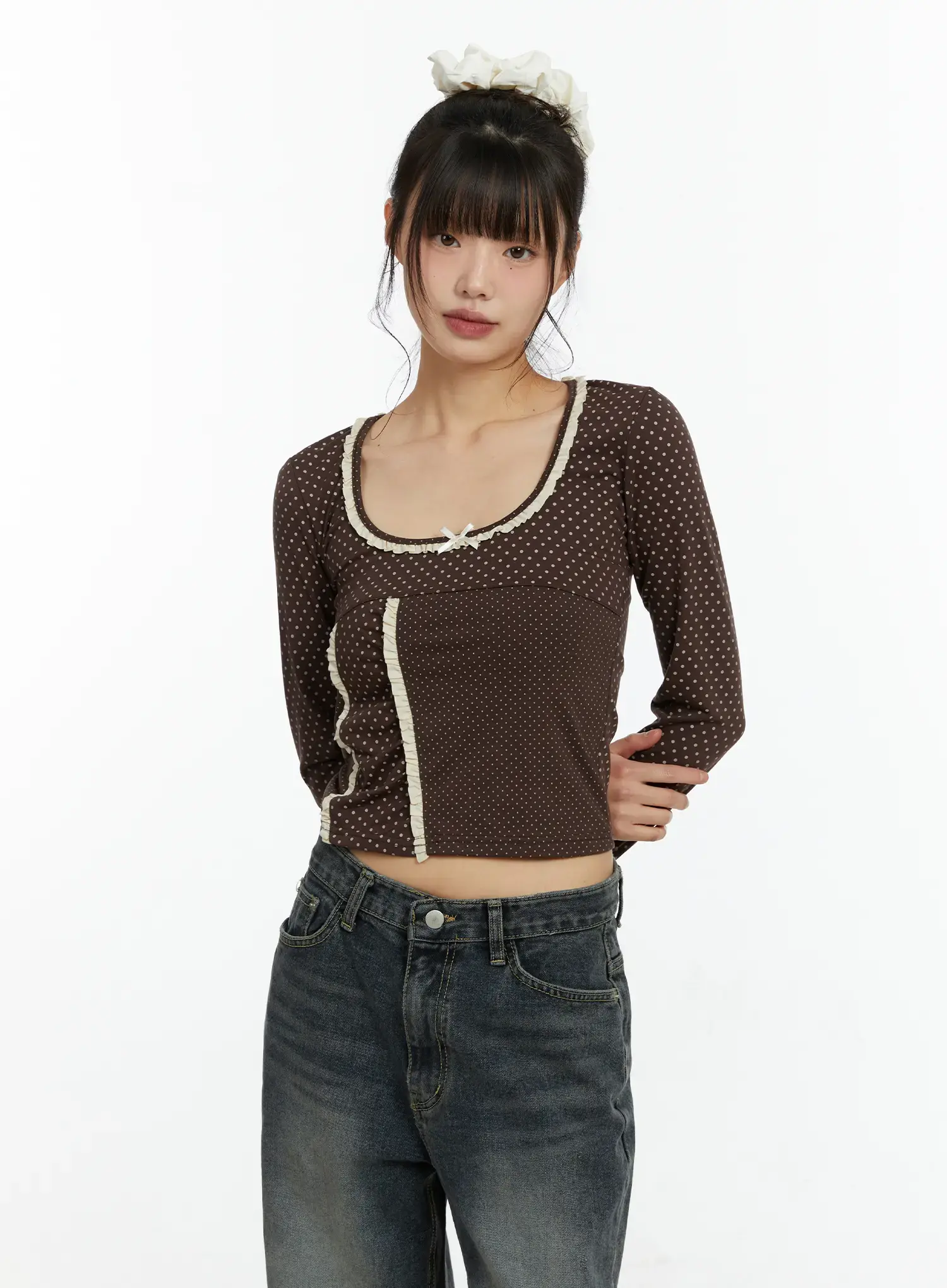 U-Neck Polka Dot Lace Long Sleeve Top CF509 - Image 5