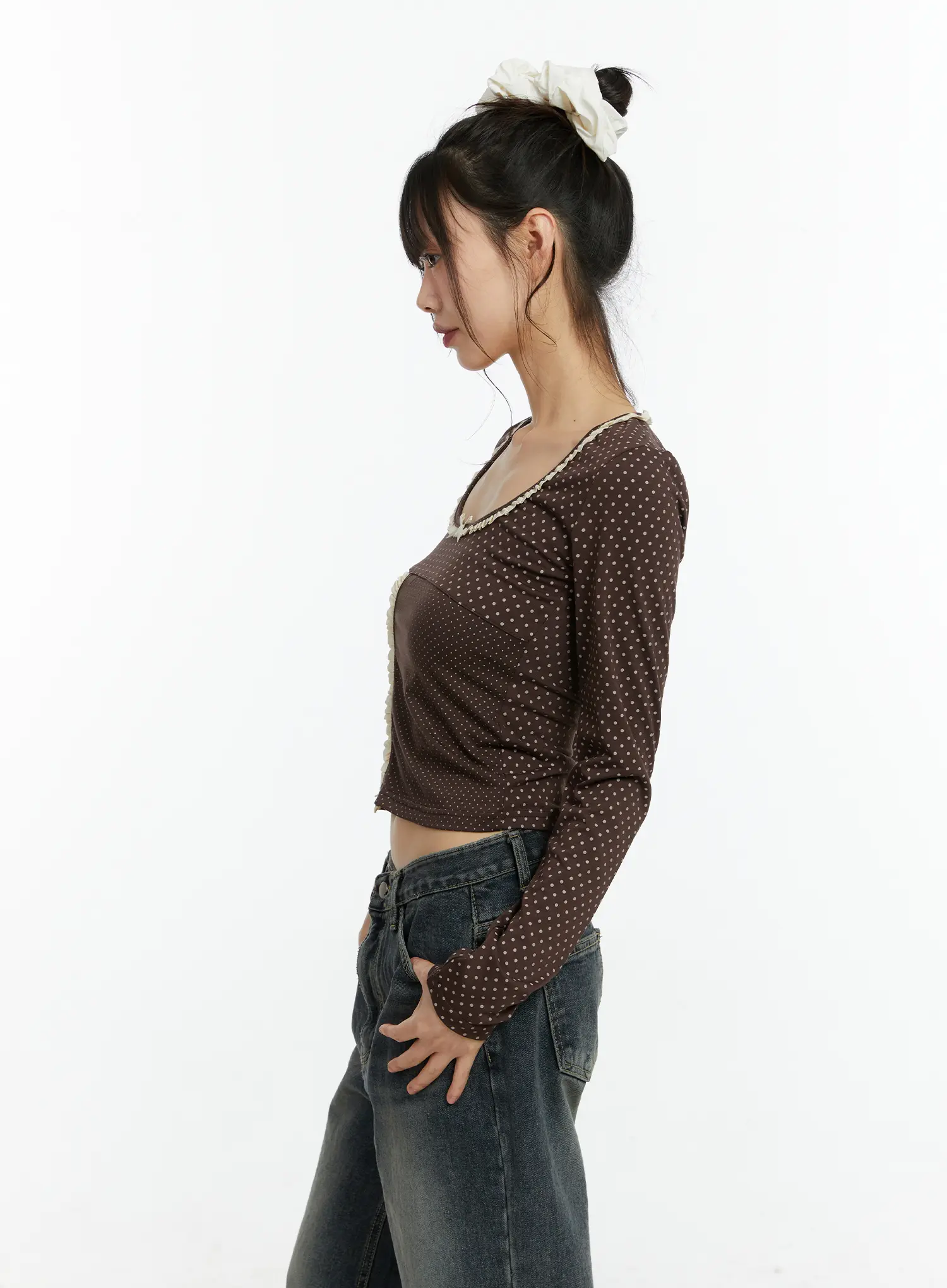 U-Neck Polka Dot Lace Long Sleeve Top CF509 - Image 6