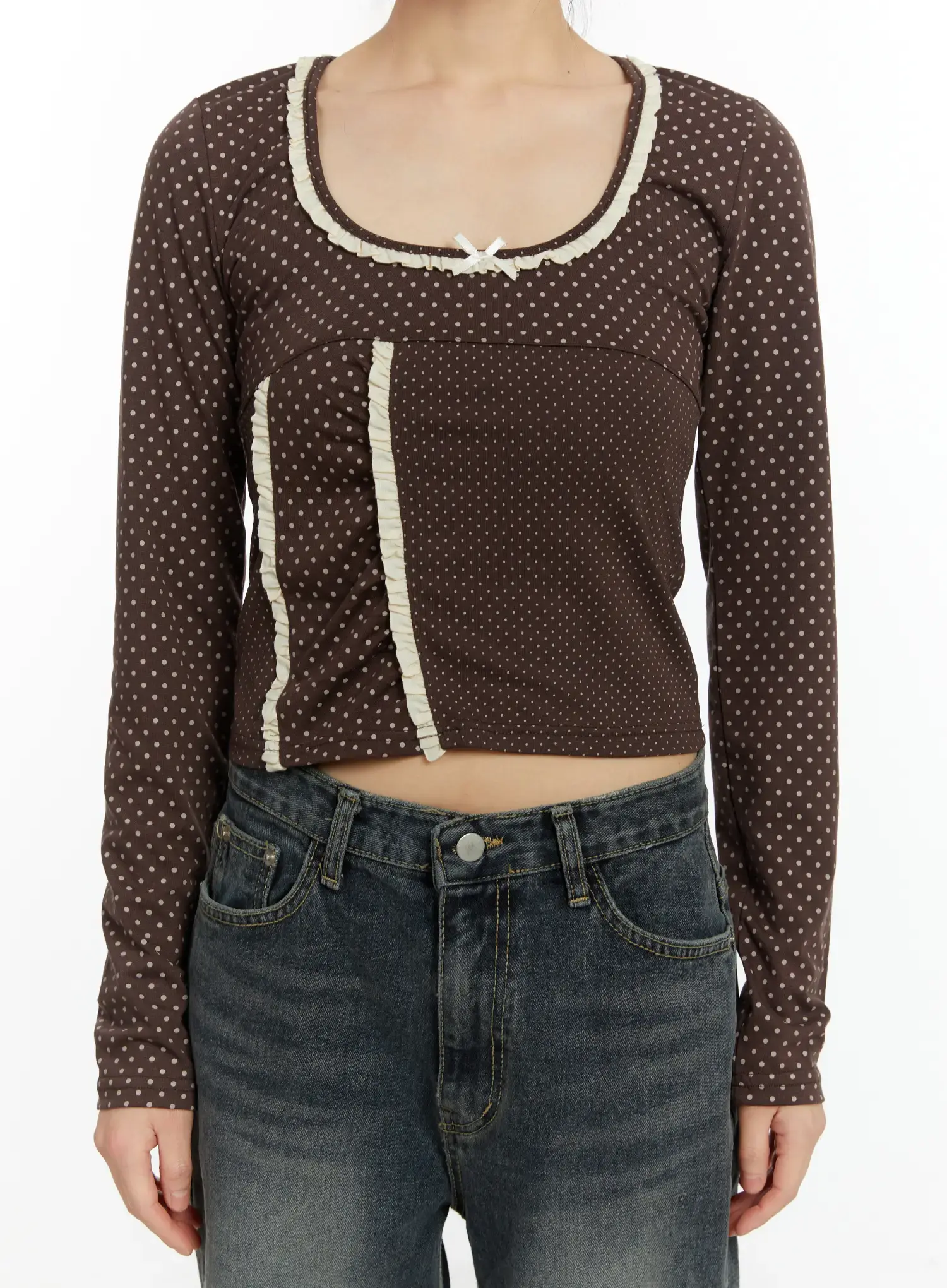 U-Neck Polka Dot Lace Long Sleeve Top CF509 - Image 8