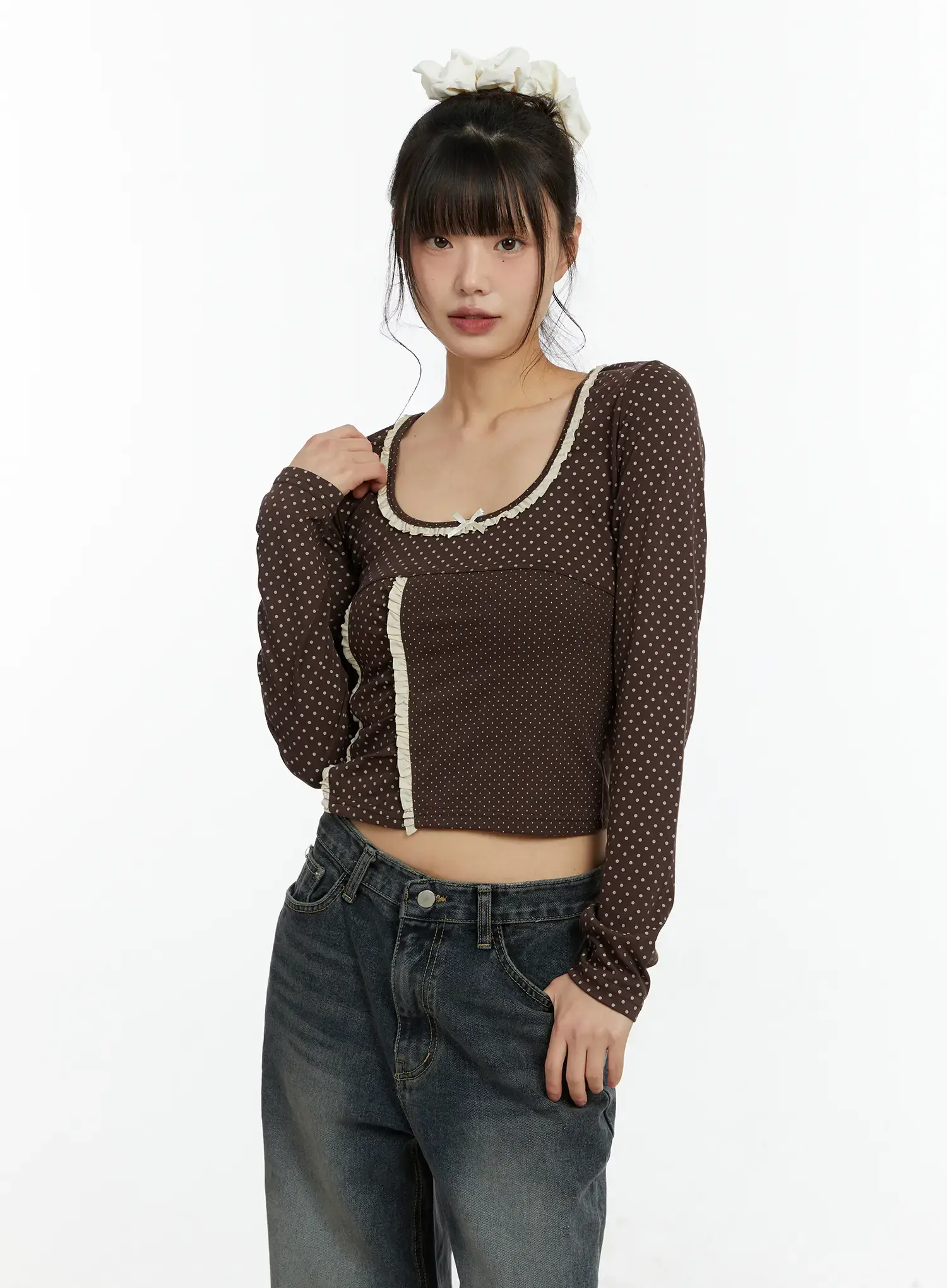 U-Neck Polka Dot Lace Long Sleeve Top CF509 - Image 9