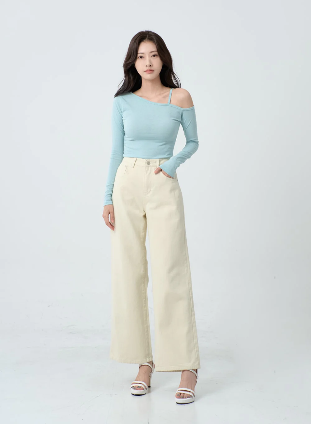Unbalance Thin Strap Off-Shoulder T-Shirt IO24 - Image 4