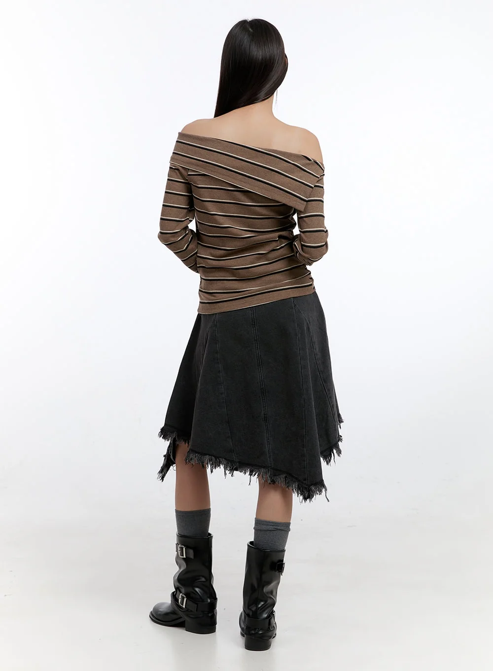 Unbalanced Washed Denim Midi Skirt CN401 - Image 4