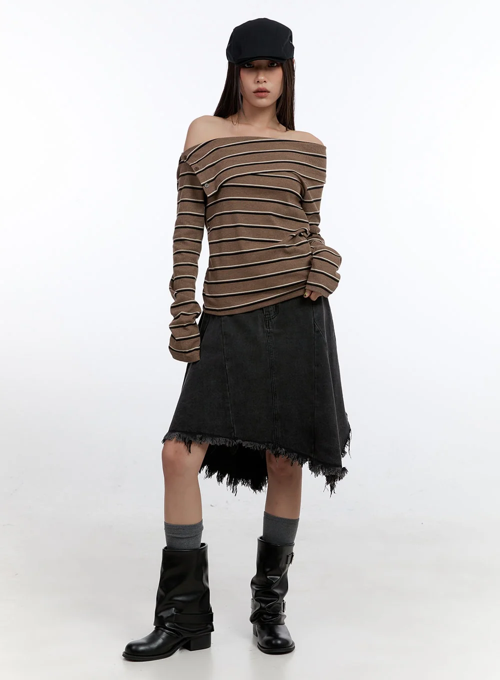 Unbalanced Washed Denim Midi Skirt CN401 - Image 5