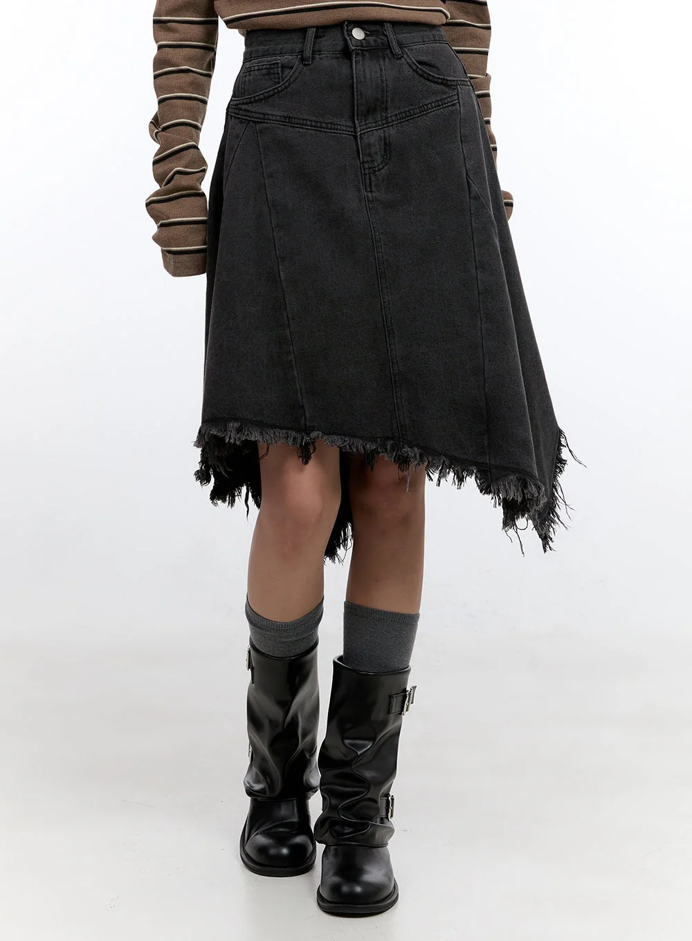 Unbalanced Washed Denim Midi Skirt CN401 - Image 9