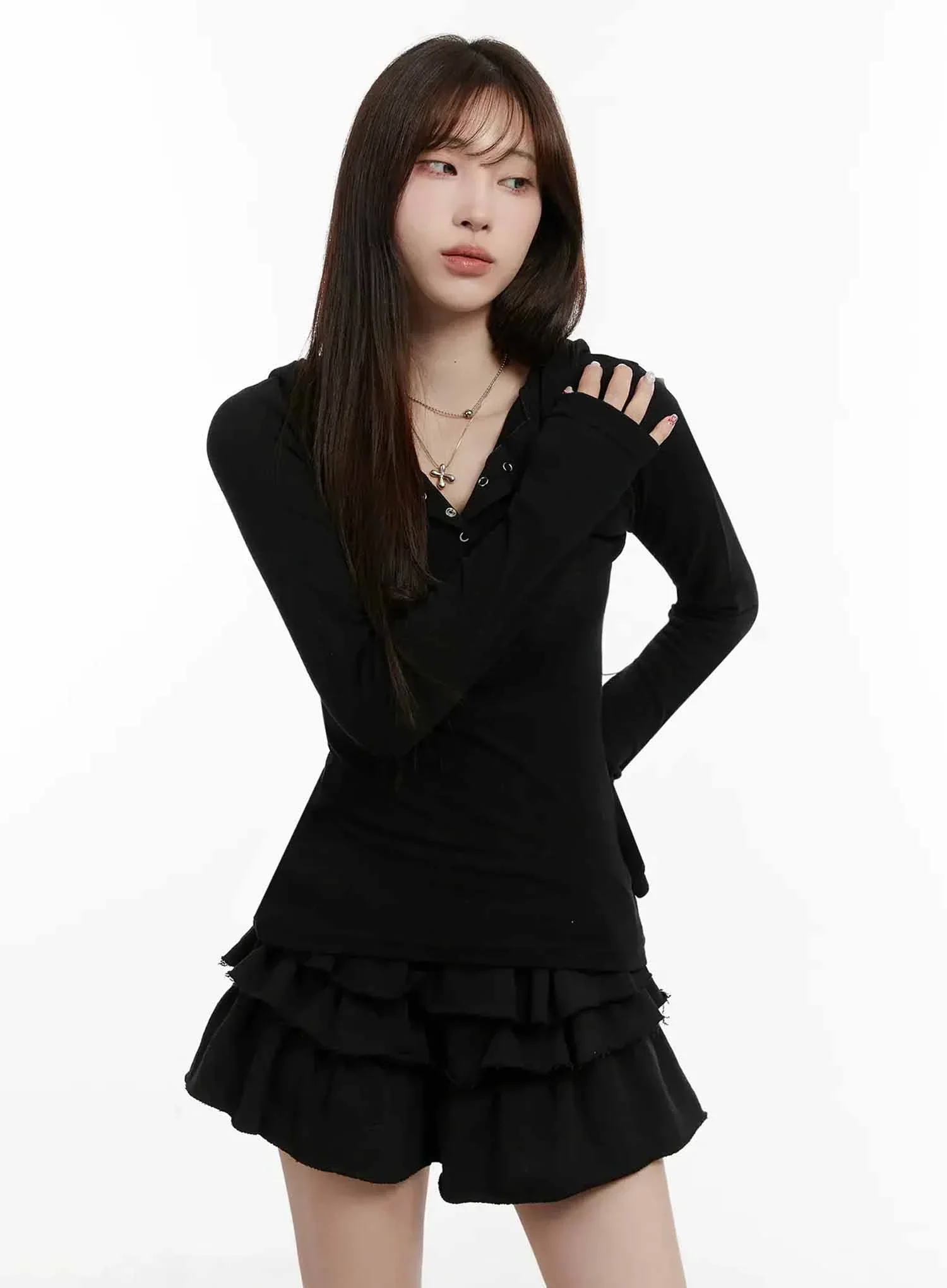V Neck Button Slim Hooded Top IJ516 - Image 15