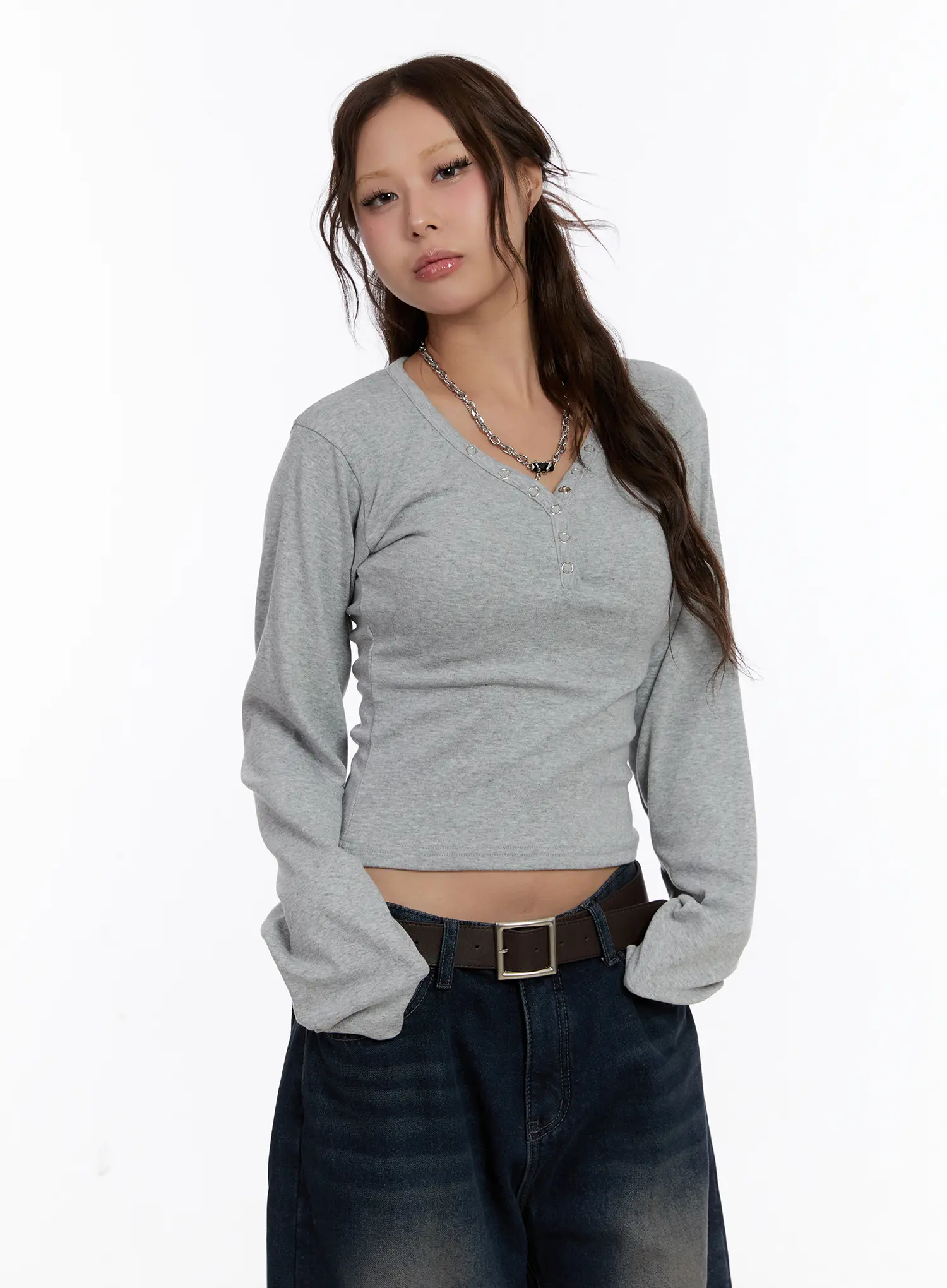 V-Neck Buttoned Slim Long Sleeve Tee CN527 - Image 7