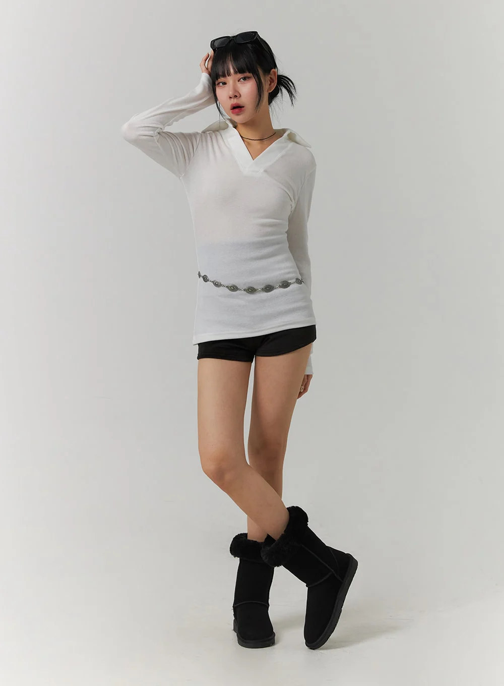 V-Neck Collar Long Sleeve Tee CJ419 - Image 2