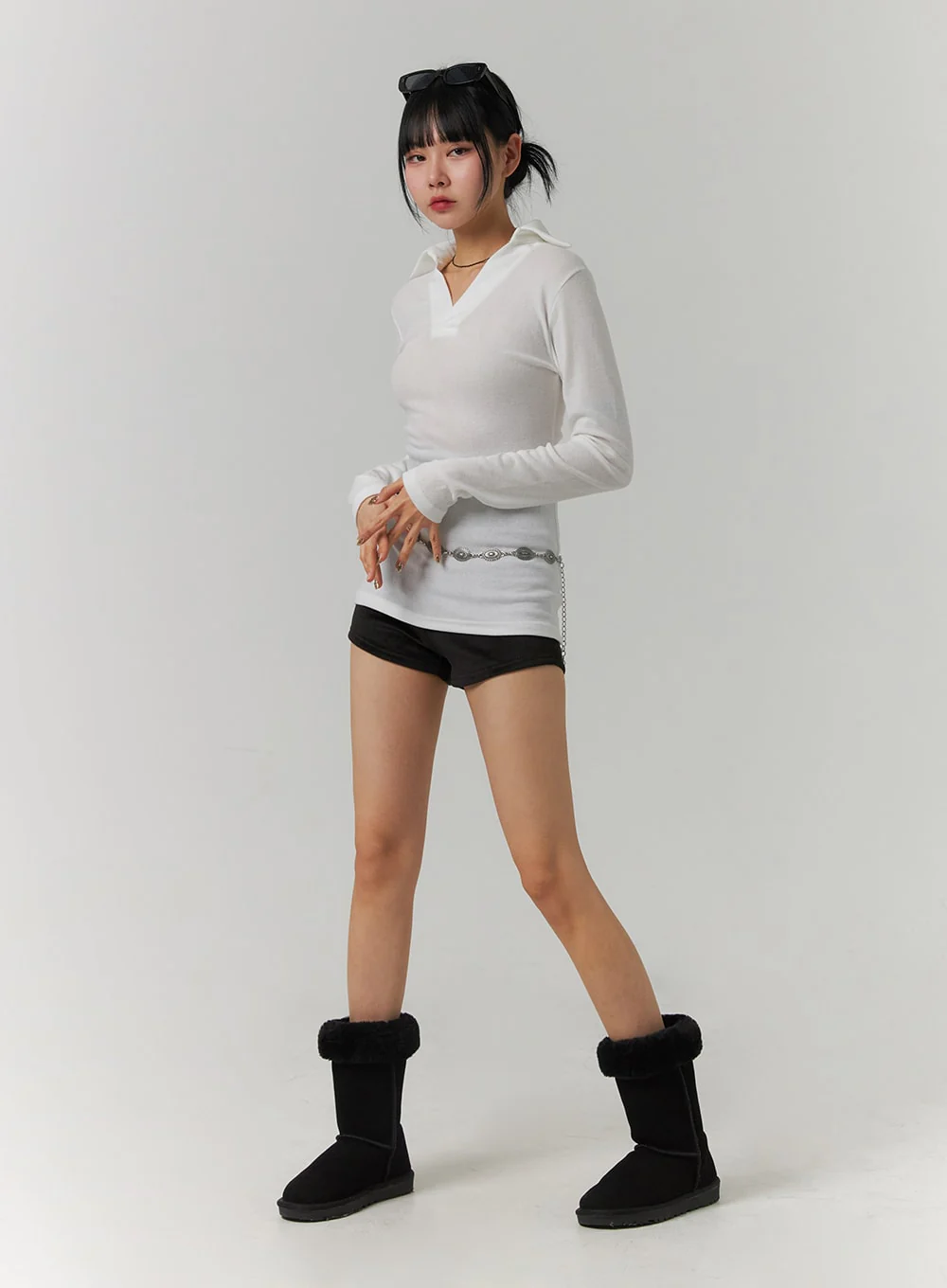 V-Neck Collar Long Sleeve Tee CJ419 - Image 3
