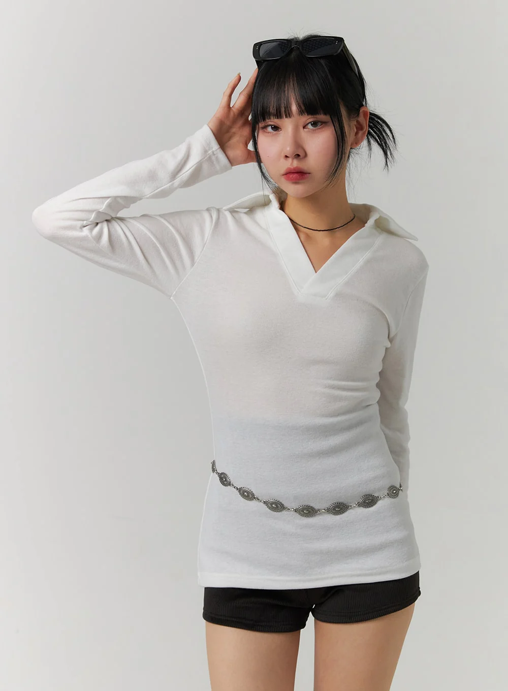 V-Neck Collar Long Sleeve Tee CJ419 - Image 4