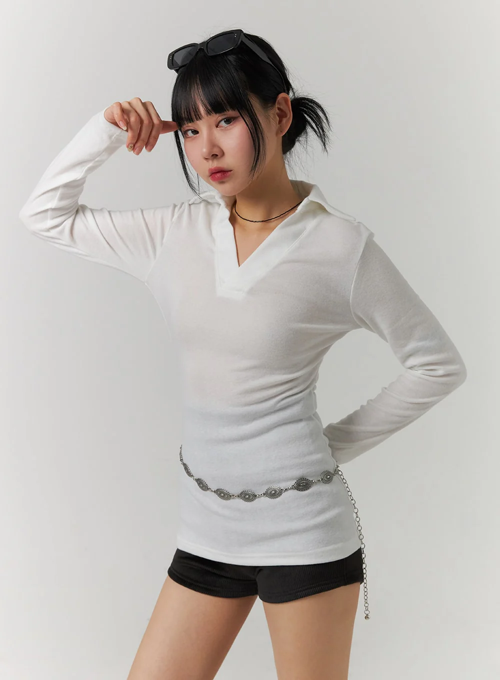 V-Neck Collar Long Sleeve Tee CJ419 - Image 5