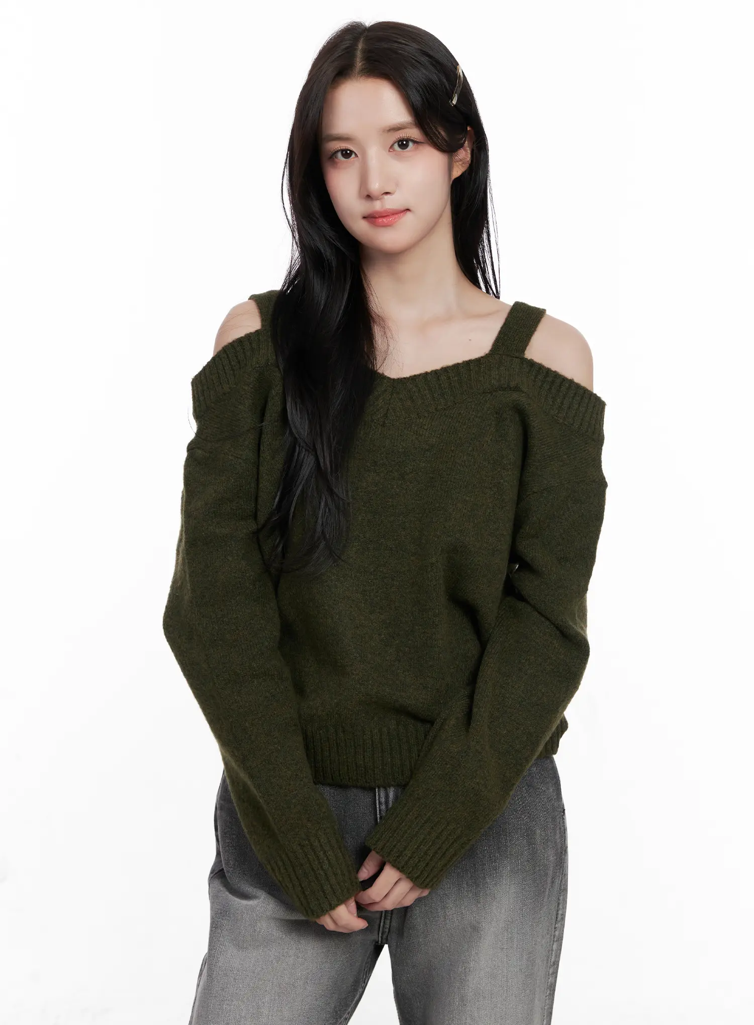 V-Neck Off-Shoulder Knit Sweater CO524