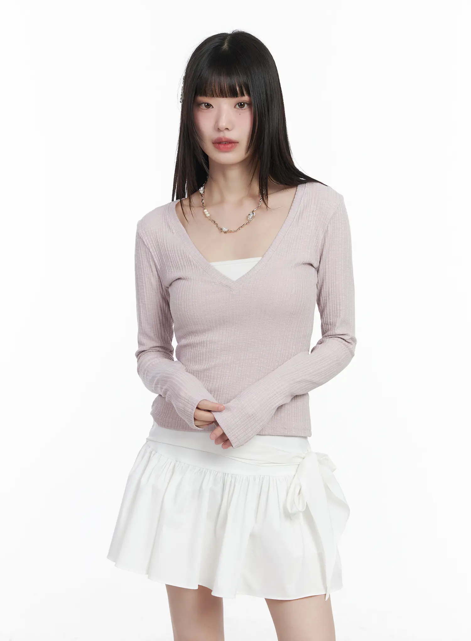 V-Neck Ribbed Long Sleeve Top CM524 - Image 2