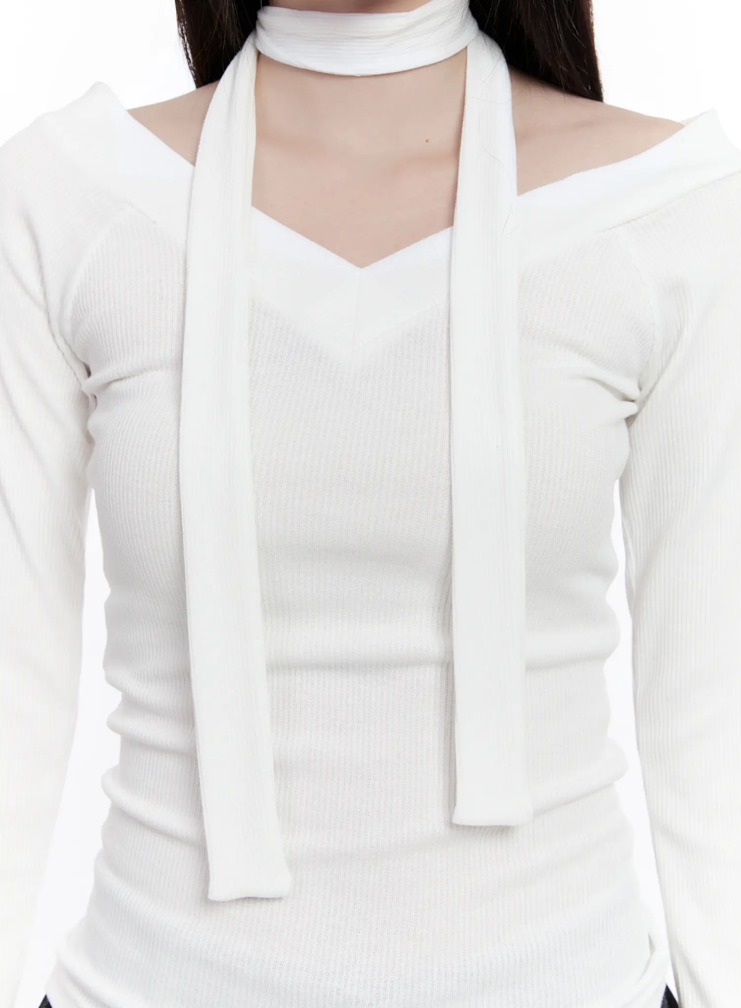V-Neck Ribbed Two-Way Tie Long Sleeve Top CS530 - Image 3