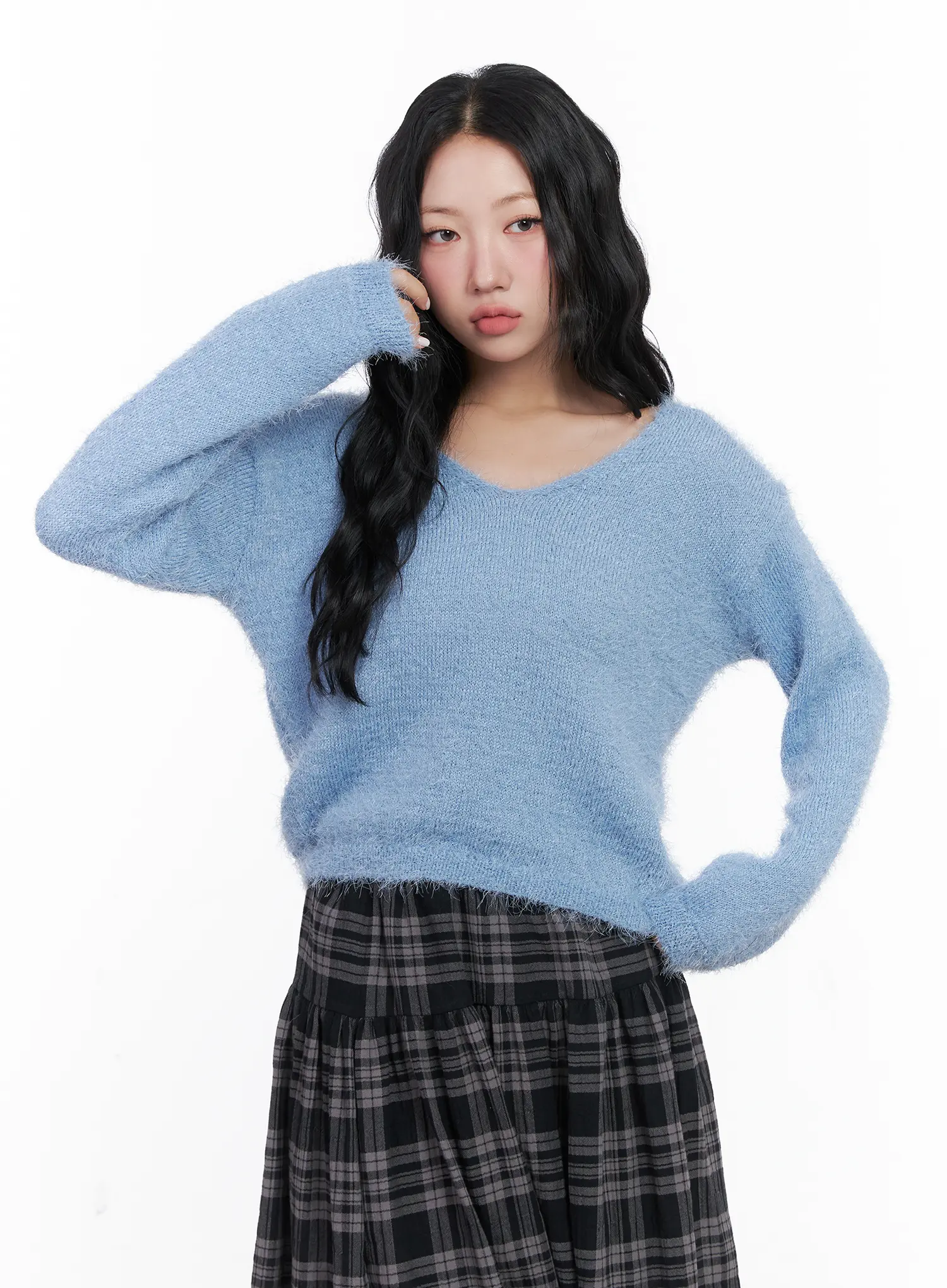 V-Neck Ribbon Long Sleeve Knit Sweater CN514