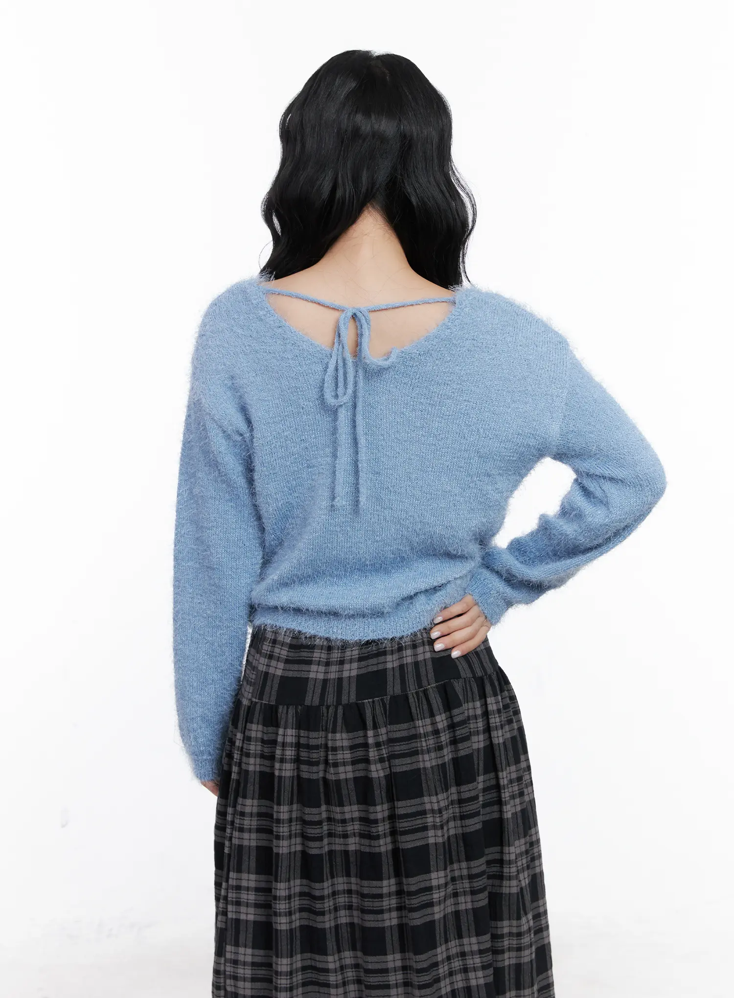 V-Neck Ribbon Long Sleeve Knit Sweater CN514 - Image 8