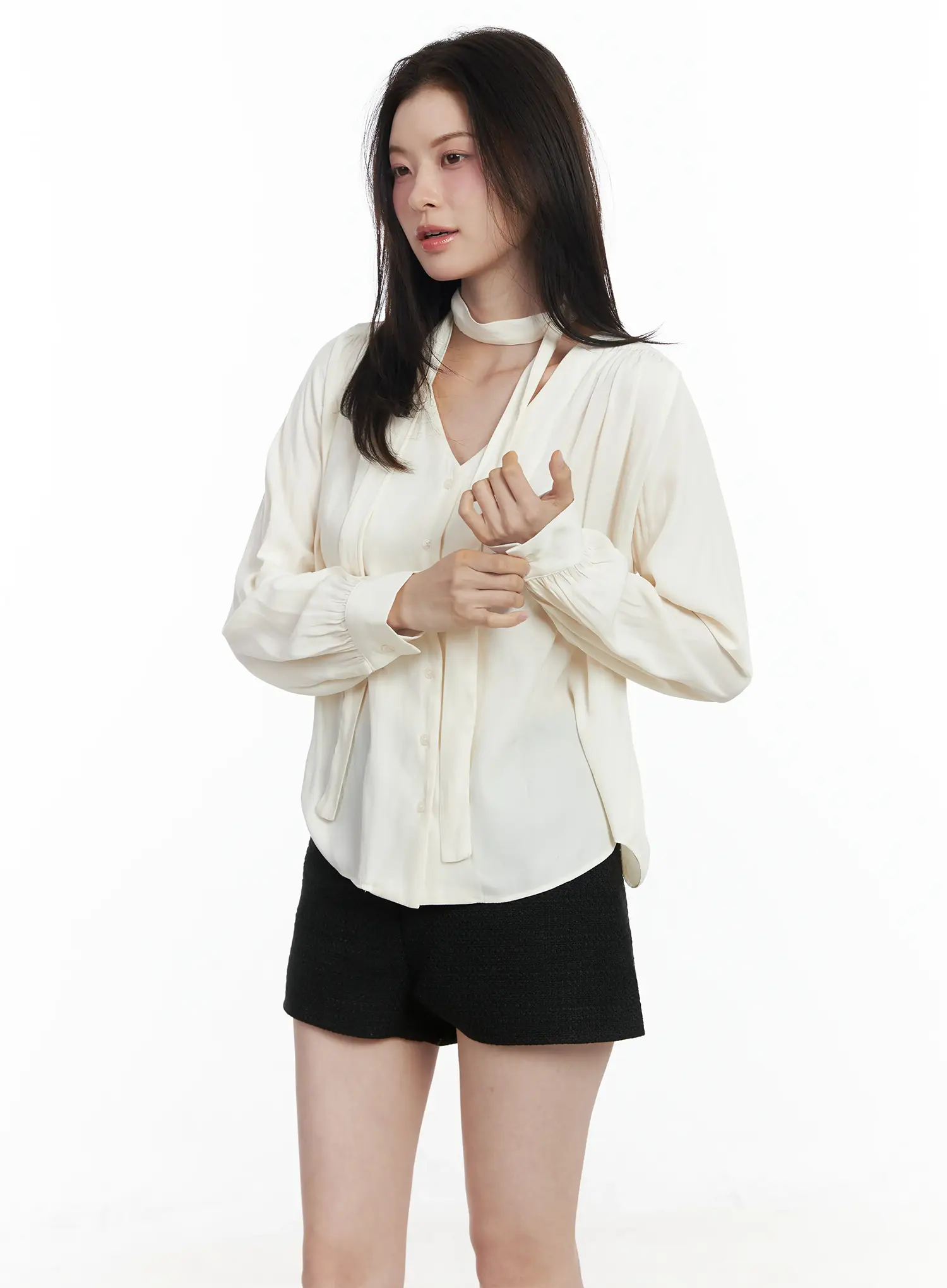 V-Neck Shirred Blouse and Scarf Set IF525 - Image 11