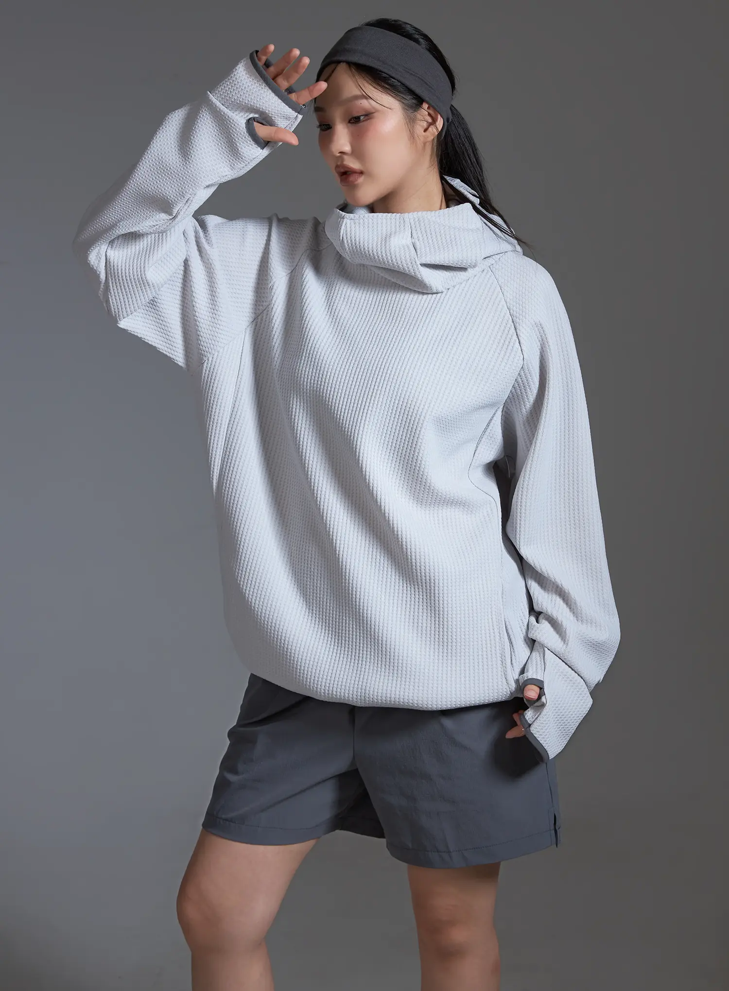 Waffle Texture Hooded Sweatshirt (Light Gray) IO517 - Image 10