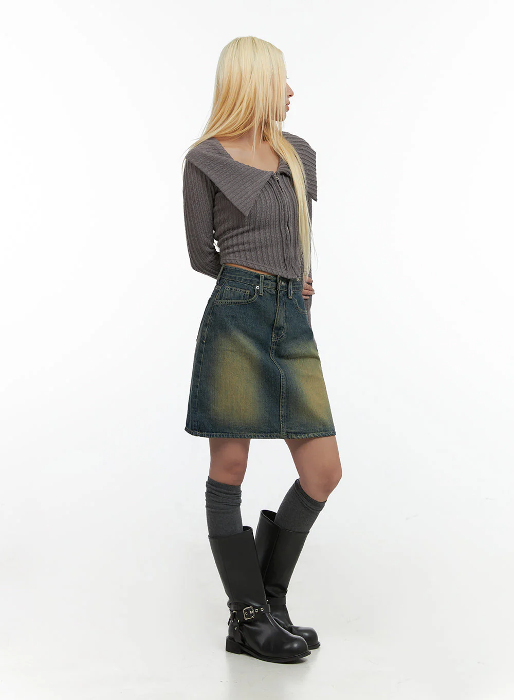 Washed Denim Cotton Midi Skirt CO415 - Image 3