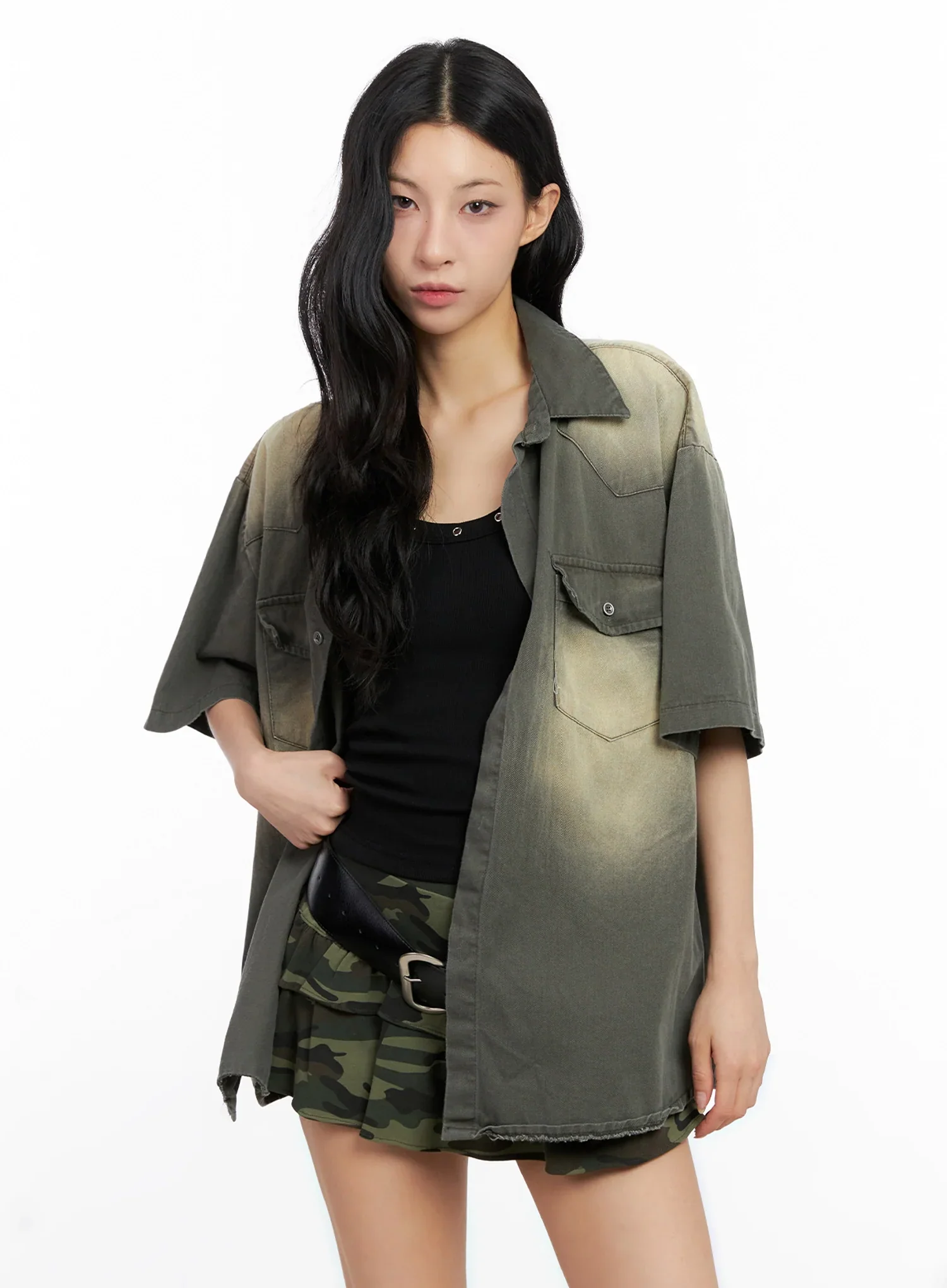 Washed Short-Sleeve Button-Up Shirt IG508 - Image 8