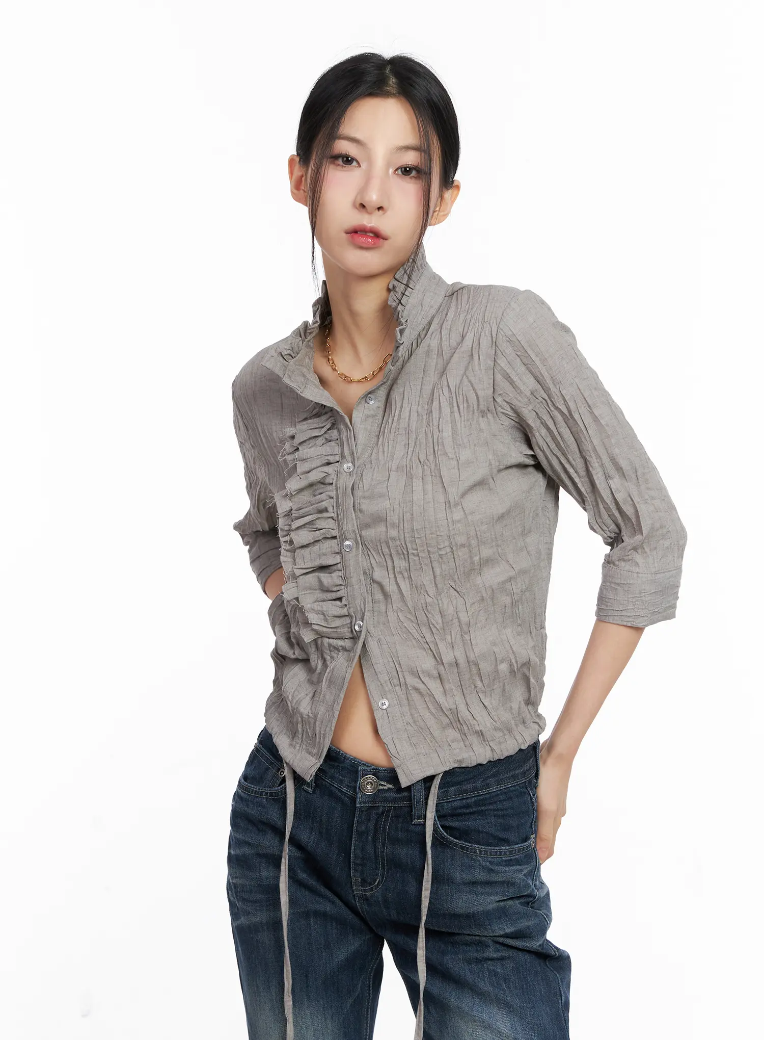 White Crinkled High Collar Top CC1109 - Image 7