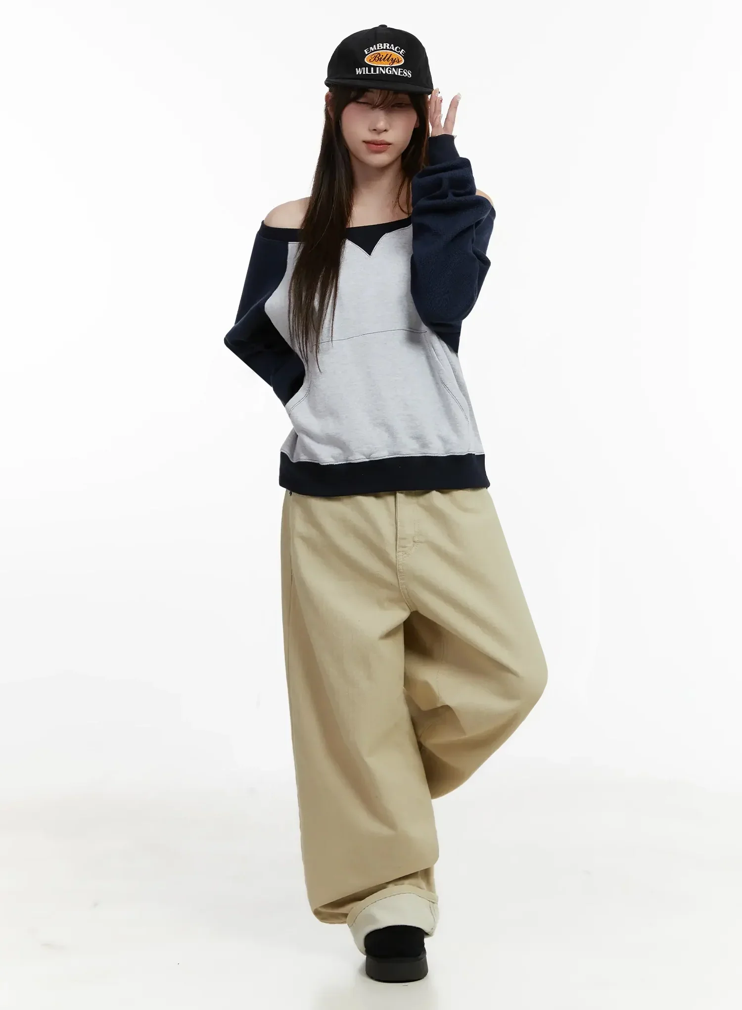 Wide Herringbone Fleece-Lined Pants IJ521 - Image 2