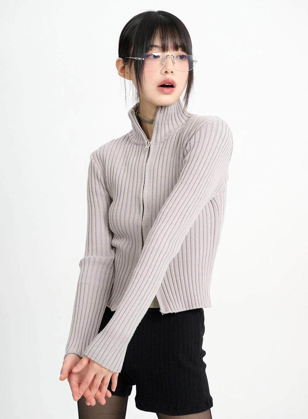 Wool-Blend Knit Zipper Long Sleeve Collared Top CM415 - Image 2