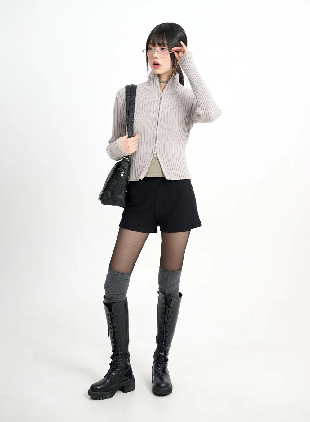 Wool-Blend Knit Zipper Long Sleeve Collared Top CM415 - Image 3