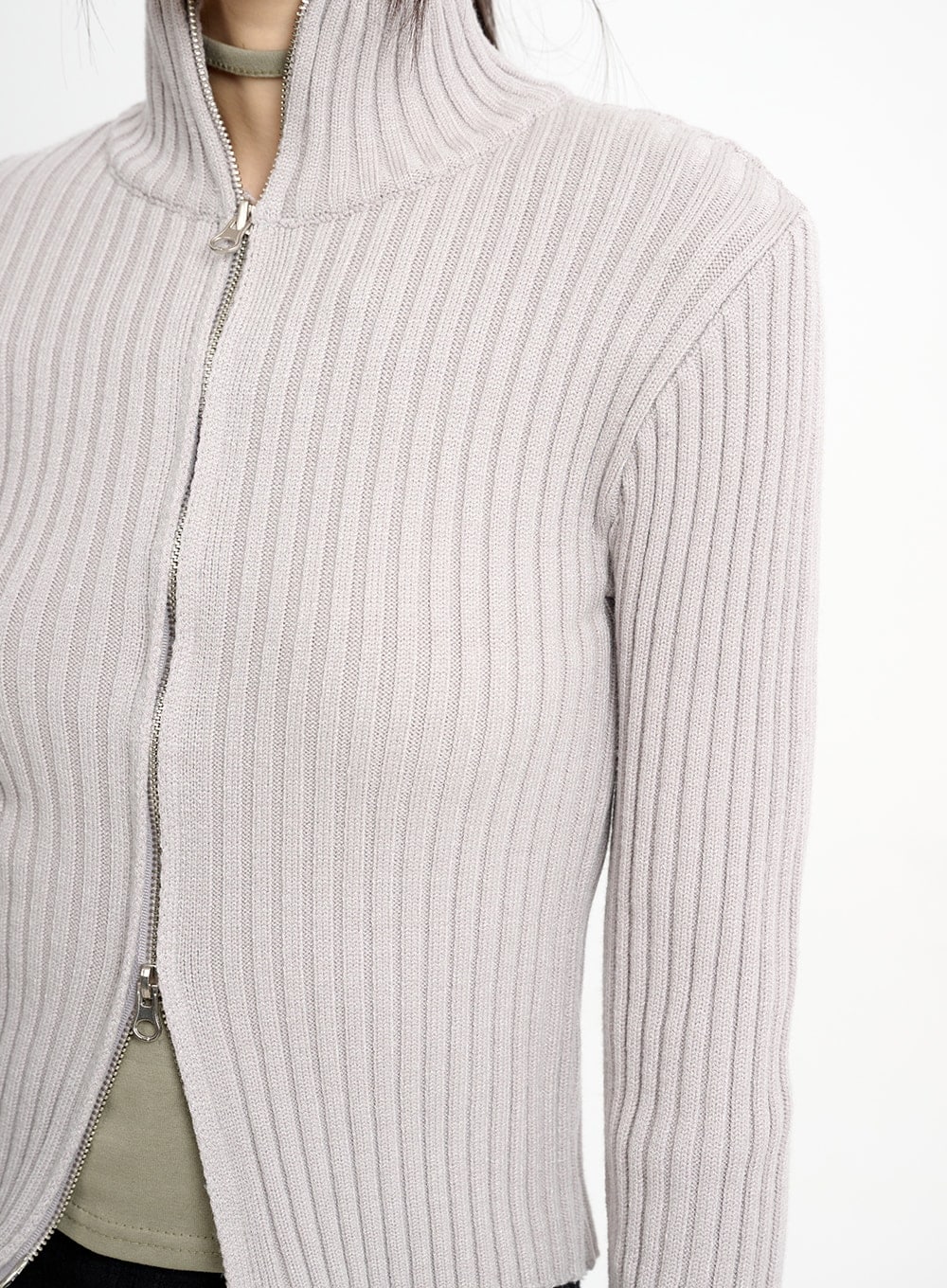 Wool-Blend Knit Zipper Long Sleeve Collared Top CM415 - Image 4