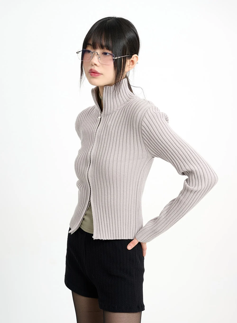 Wool-Blend Knit Zipper Long Sleeve Collared Top CM415 - Image 5