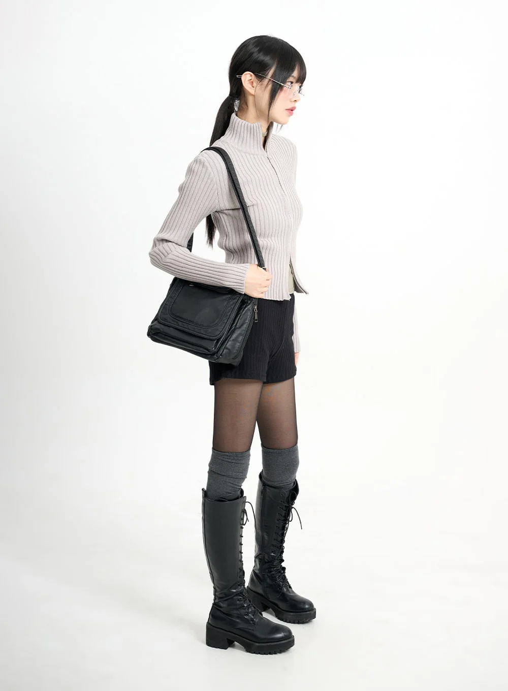 Wool-Blend Knit Zipper Long Sleeve Collared Top CM415 - Image 6